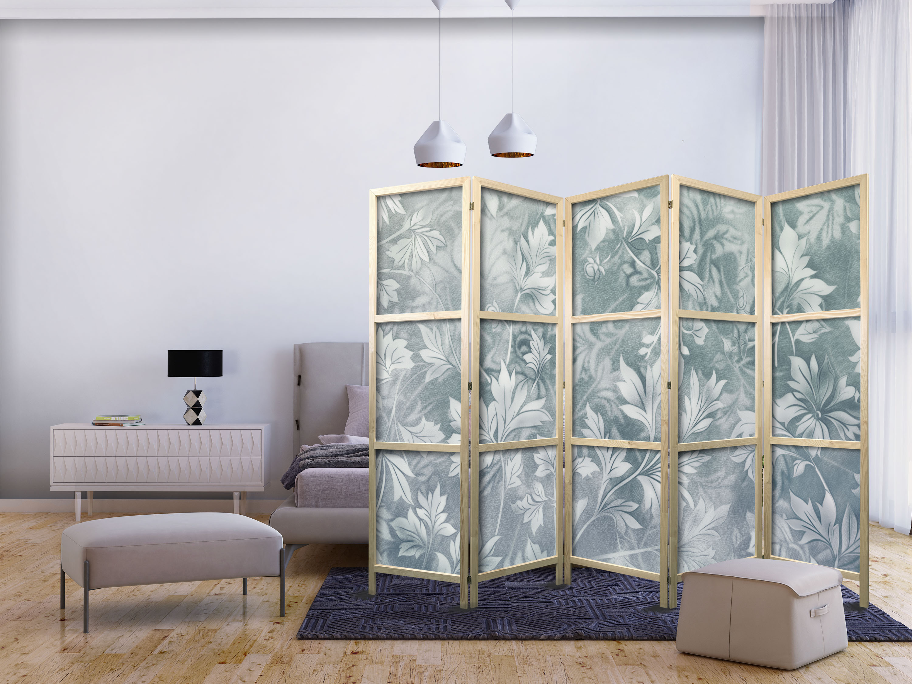 Japanischer Paravent - Ornaments in Worn Muted Turquoises - Delicate Plant Pattern