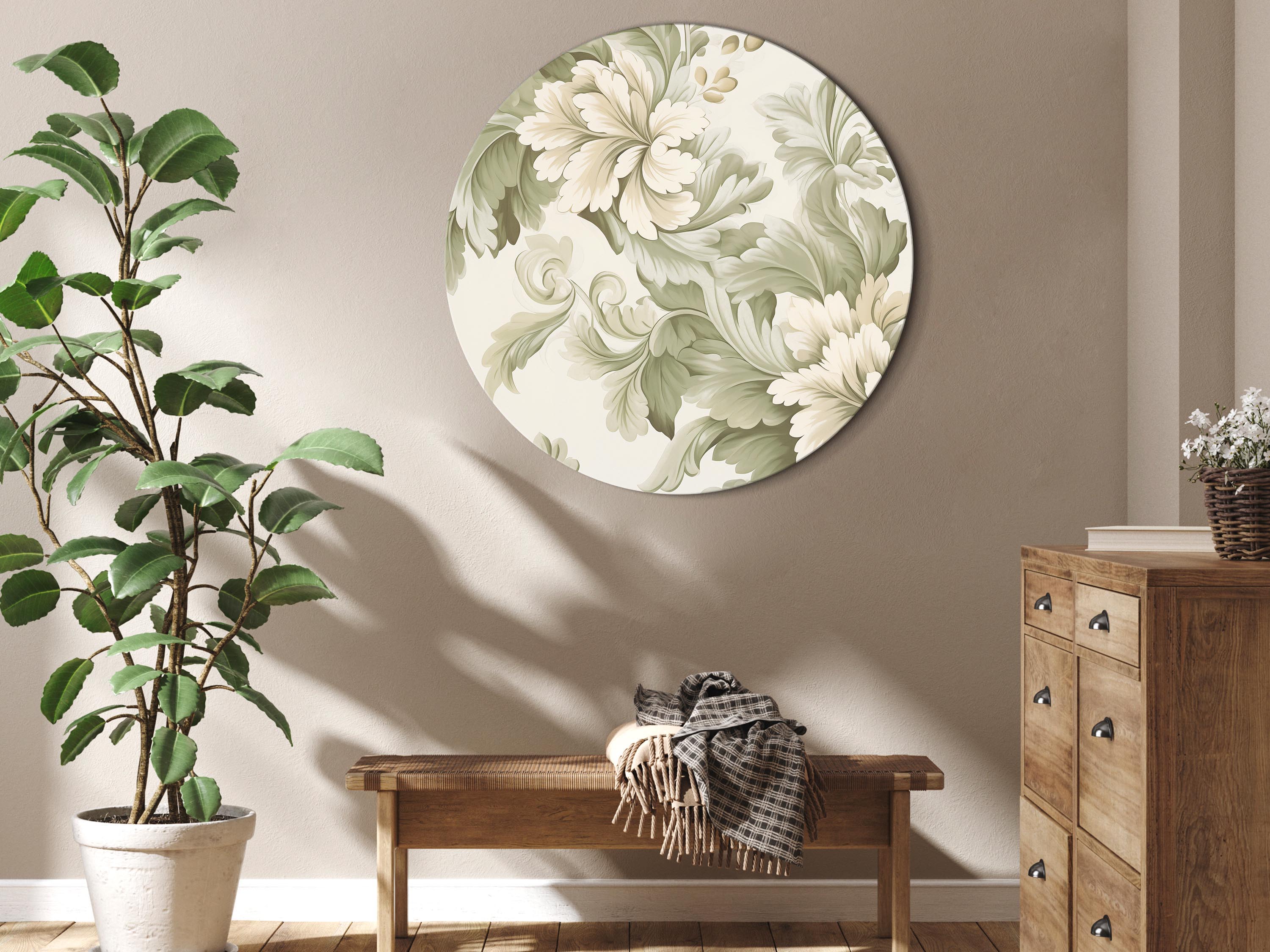 Rundes Bild - Retro Vintage Flowers in Delicate Cream and Green Colors