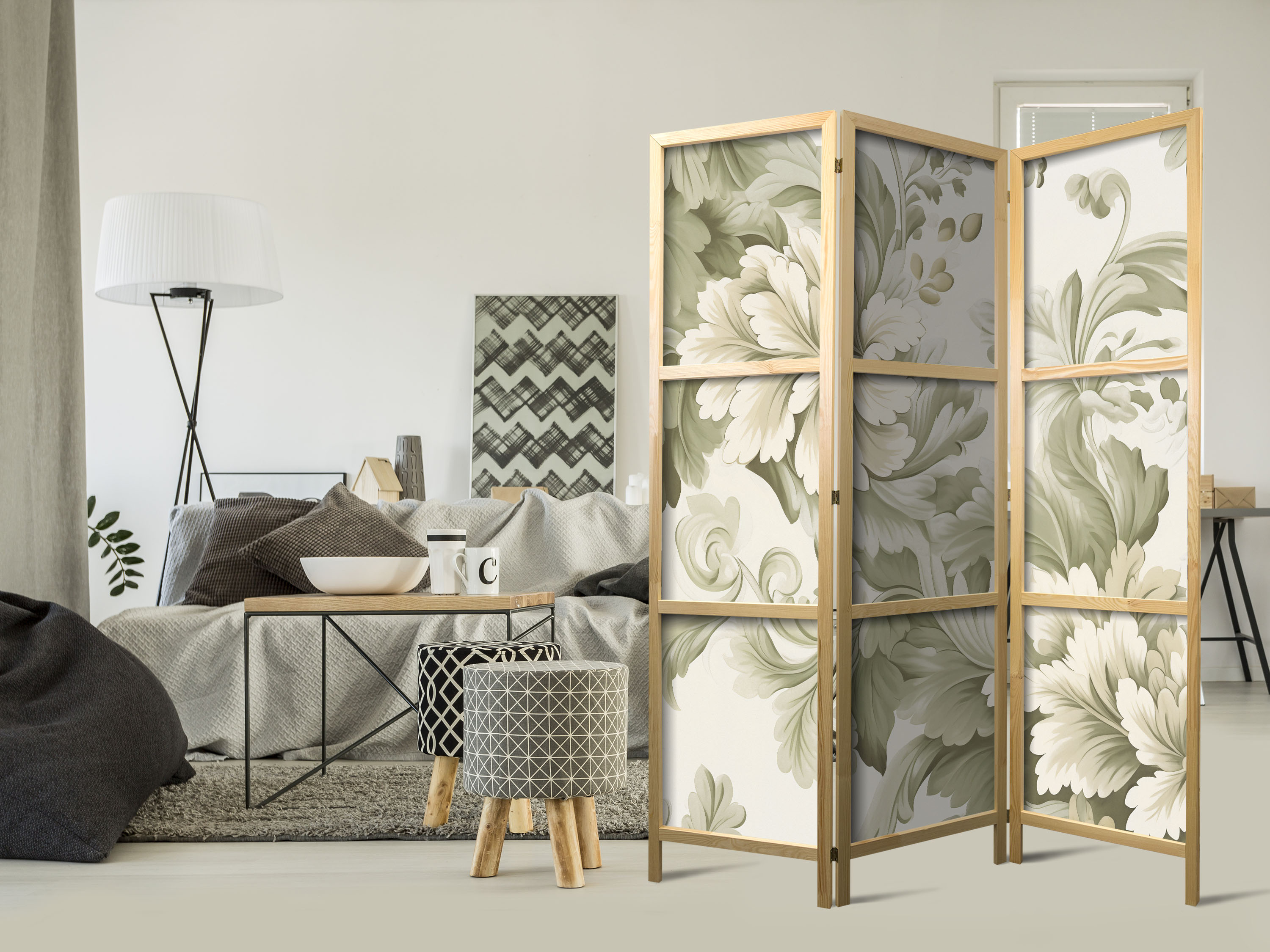 Japanischer Paravent - Retro Vintage Flowers in Delicate Cream and Green Colors.