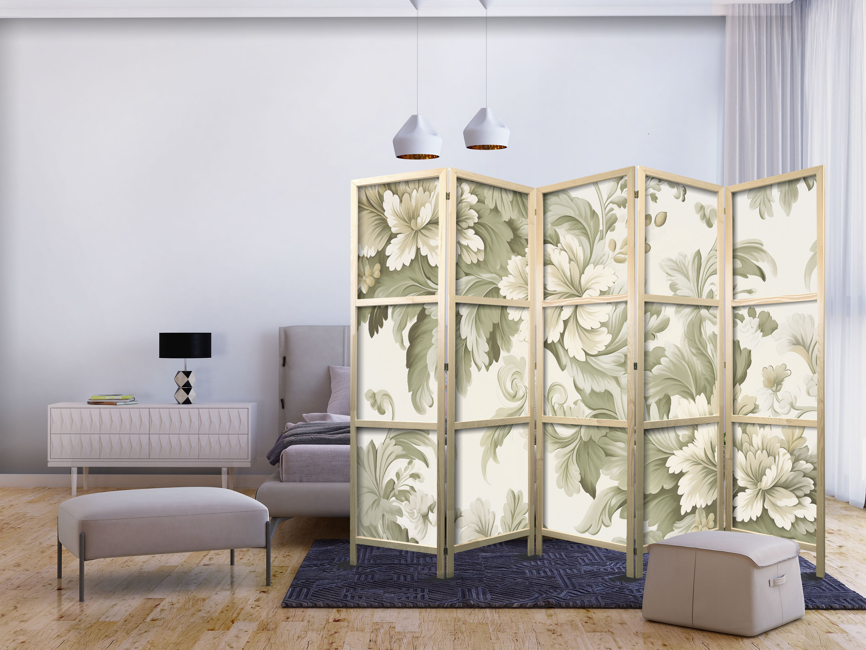 Japanischer Paravent - Retro Vintage Flowers in Delicate Cream and Green Colors