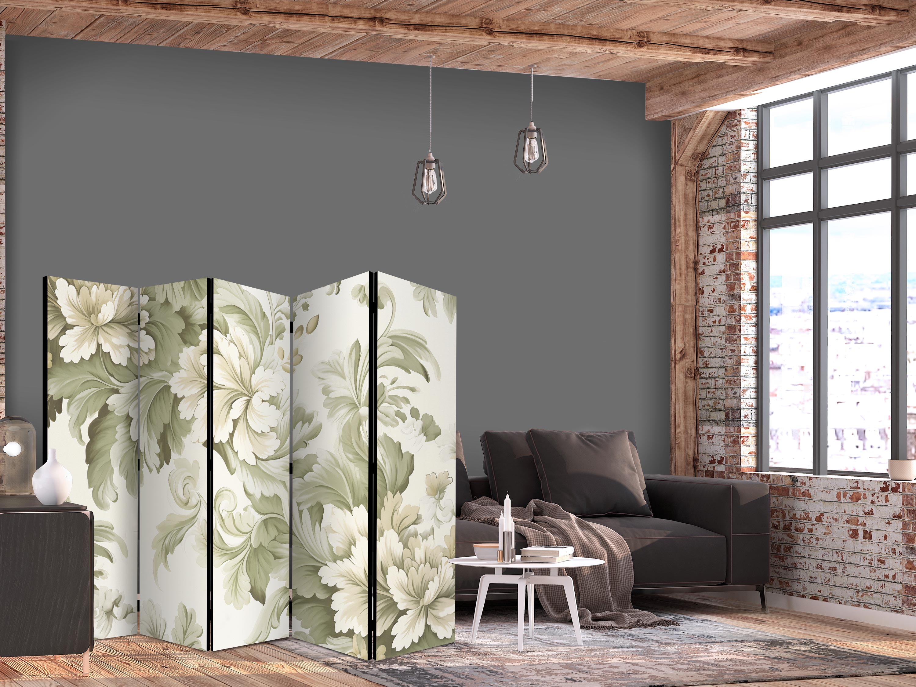 Paravent - Retro Vintage Flowers in Delicate Cream and Green Colors.