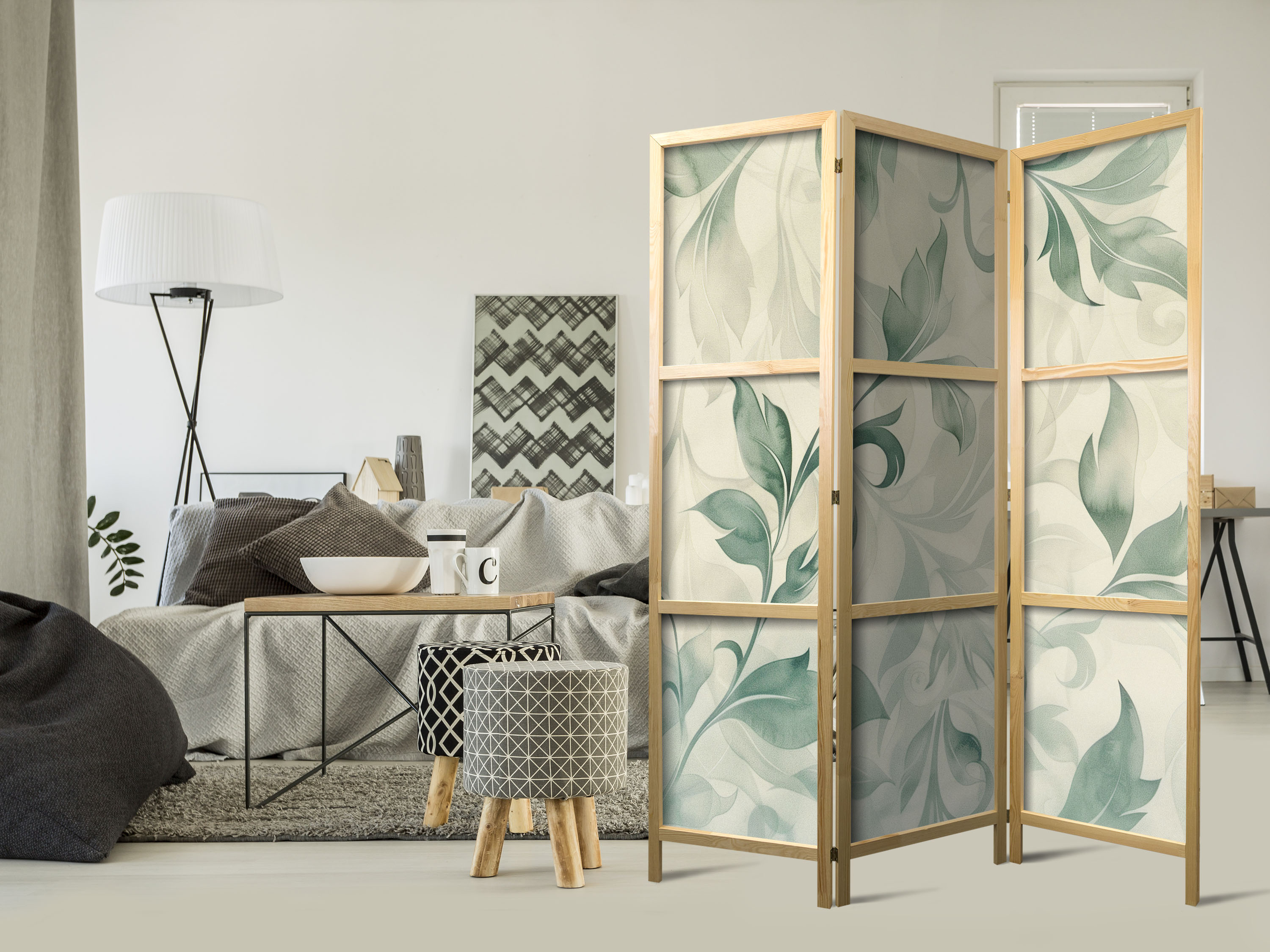 Japanischer Paravent - Watercolor Botanical Motif - Delicate Green-Beige Leaves