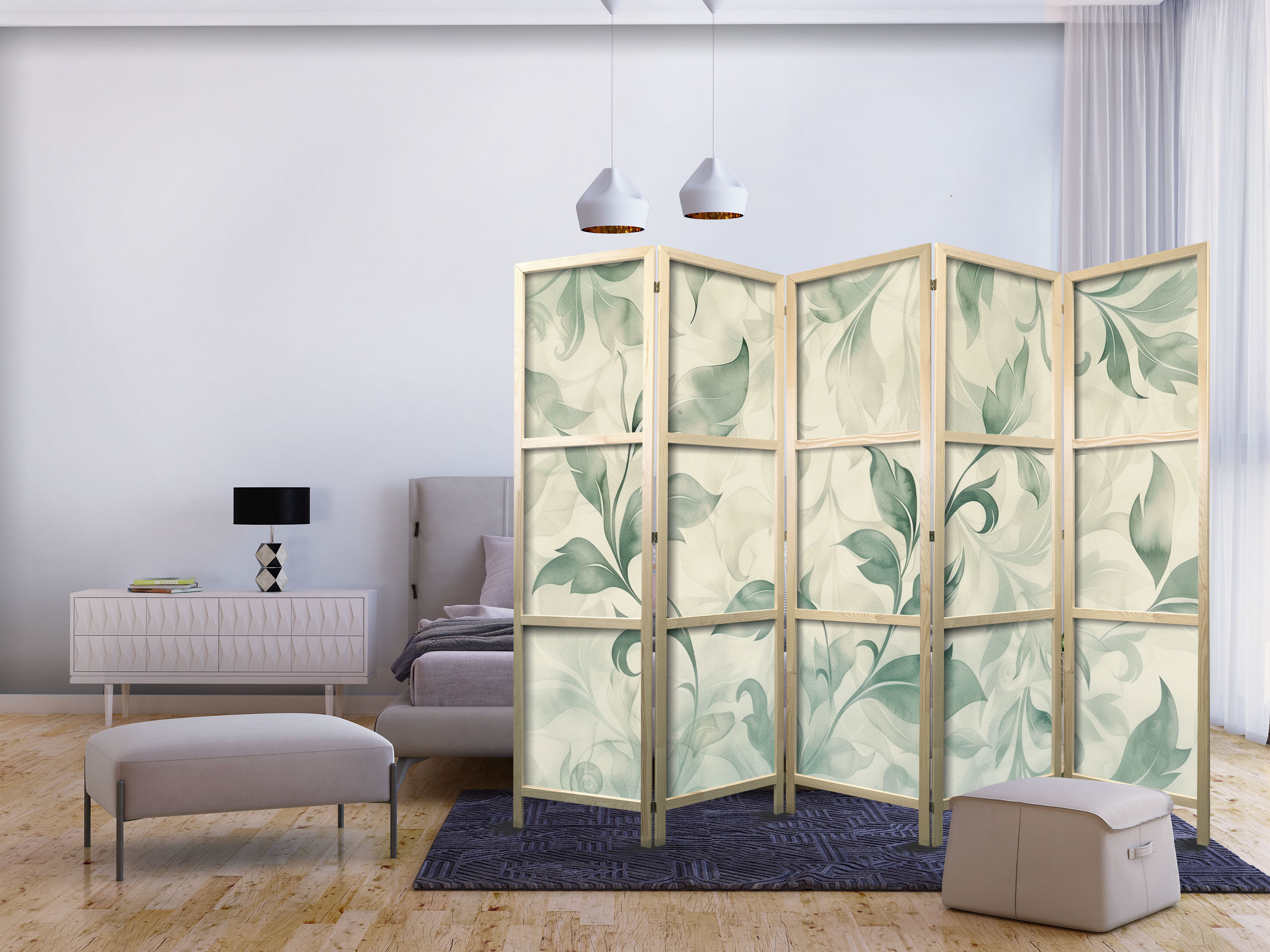 Japanischer Paravent - Watercolor Botanical Motif - Delicate Green-Beige Leaves