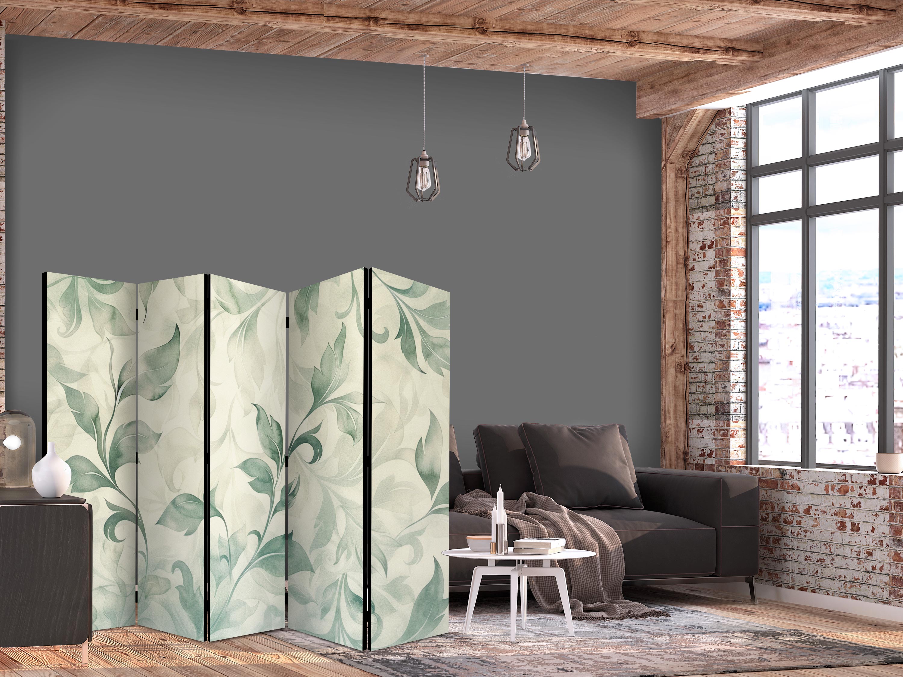 Paravent - Watercolor Botanical Motif - Delicate Green-Beige Leaves.