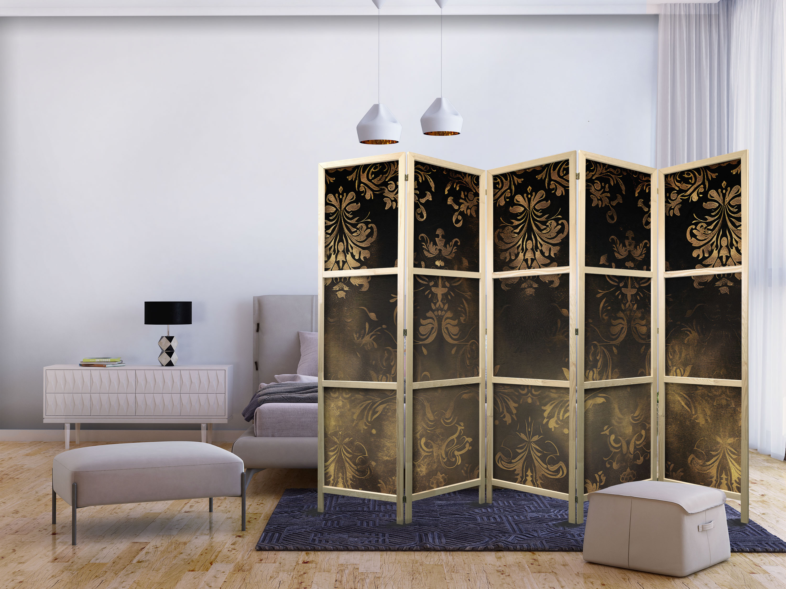 Japanischer Paravent - Floral Ornaments Carved in Delicate Sepia and Brown Shades