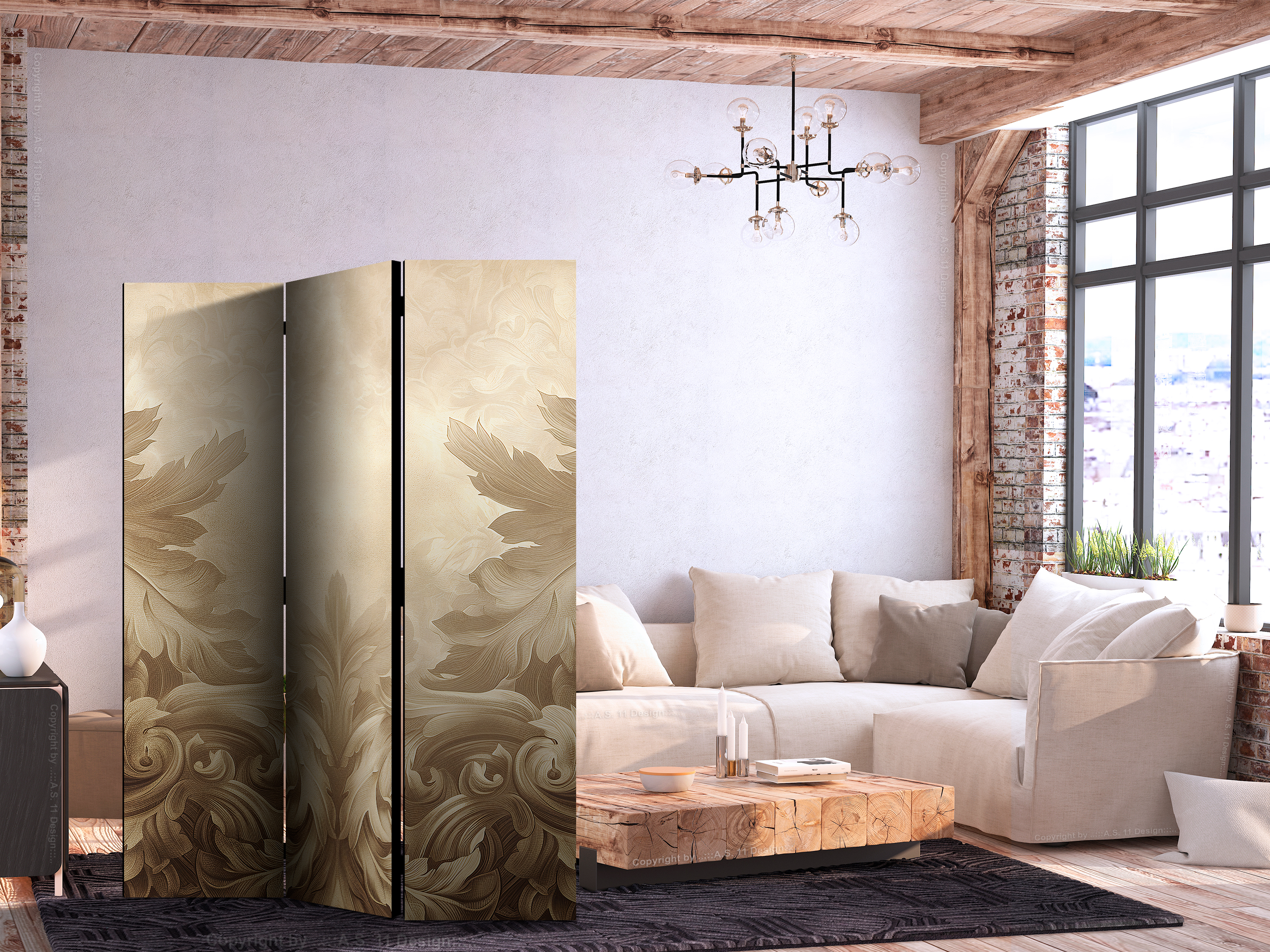 Paravent - Carved Baroque Ornaments - Rich Composition in Sepia Colors