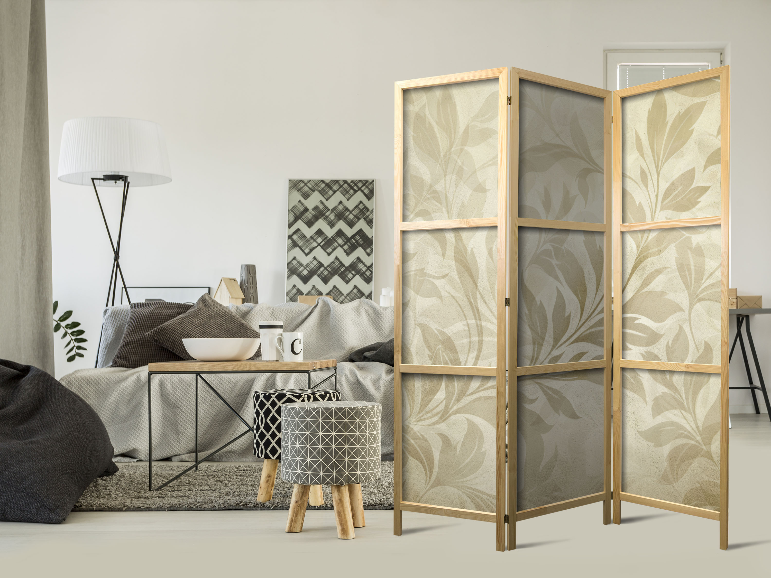 Japanischer Paravent - Botanical Motif with Leaves and Vines in Sandy Colors