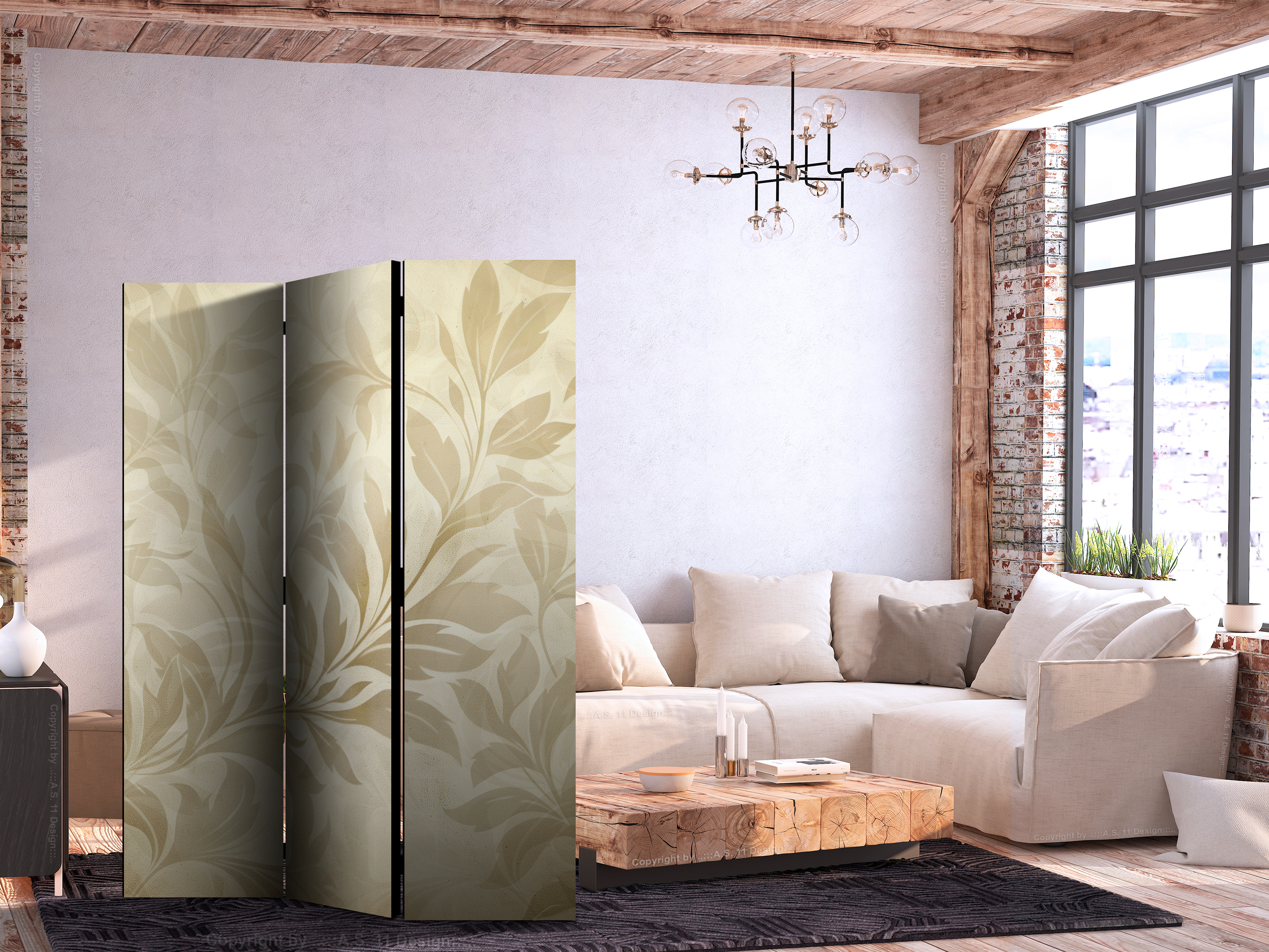 Paravent - Botanical Motif with Leaves and Vines in Sandy Colors.