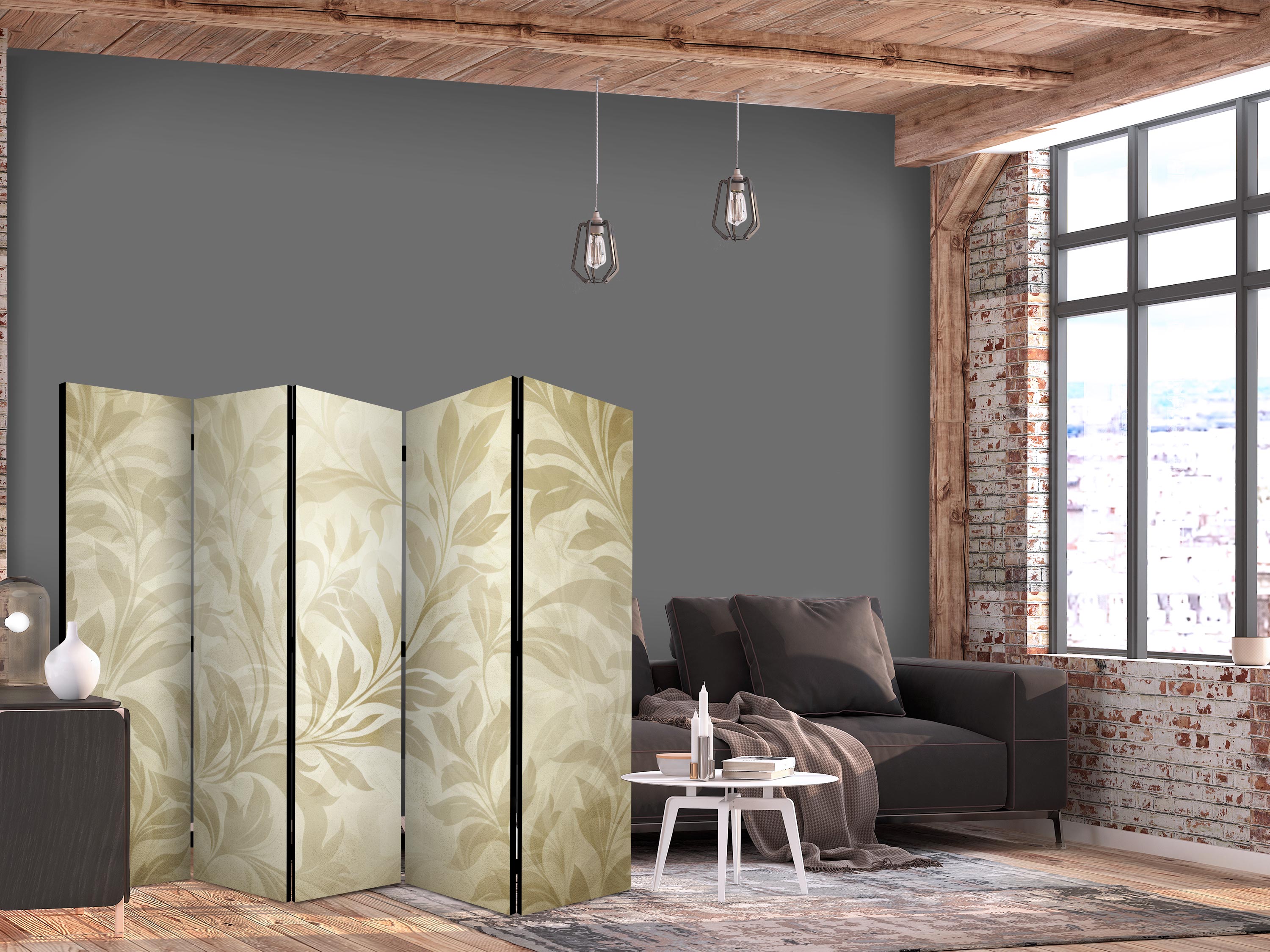 Paravent - Botanical Motif with Leaves and Vines in Sandy Colors.