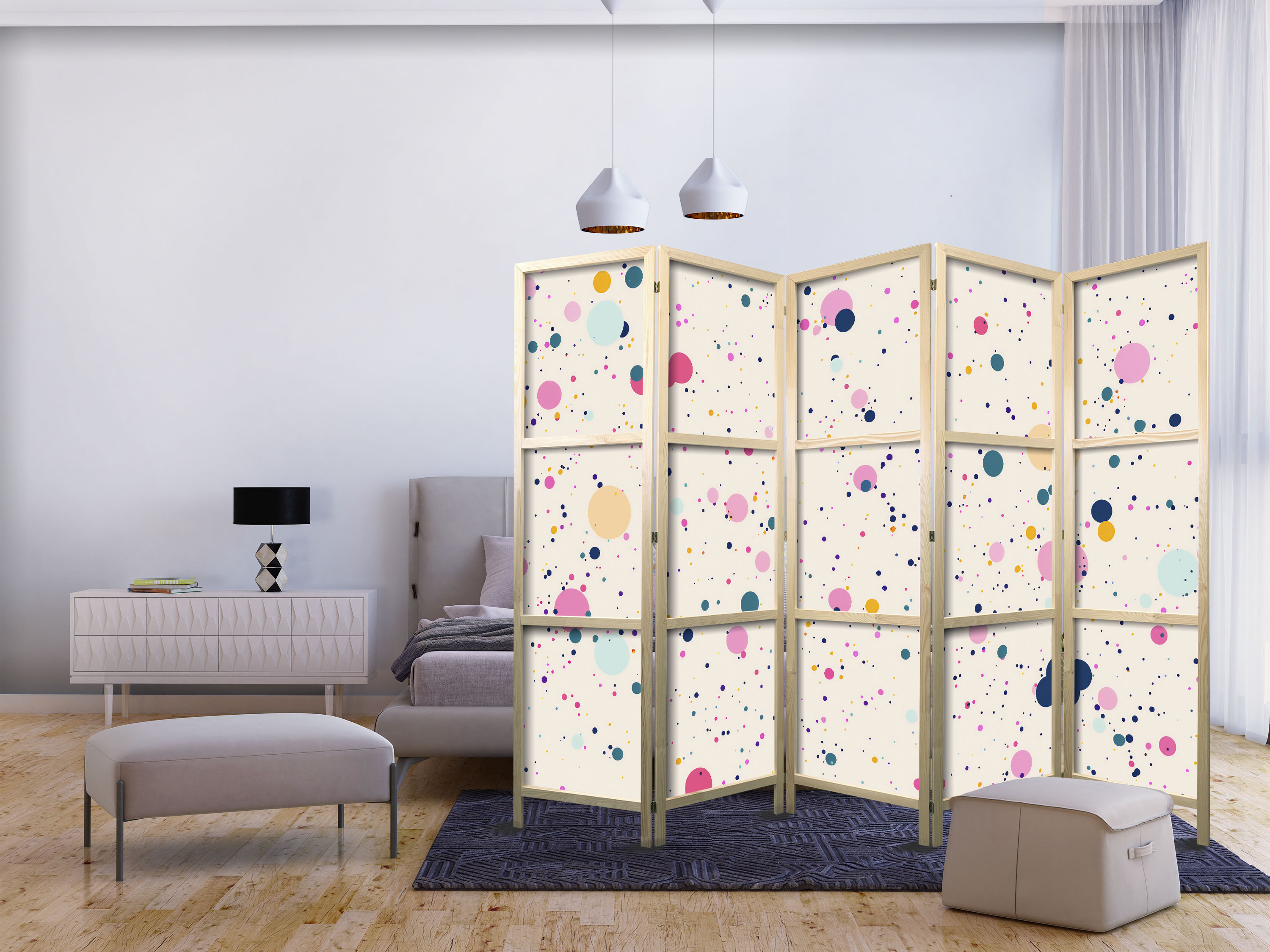 Japanischer Paravent - Dots - Spots and Splashes Multicolored - Cheerful Pattern on a Light Pink Background.