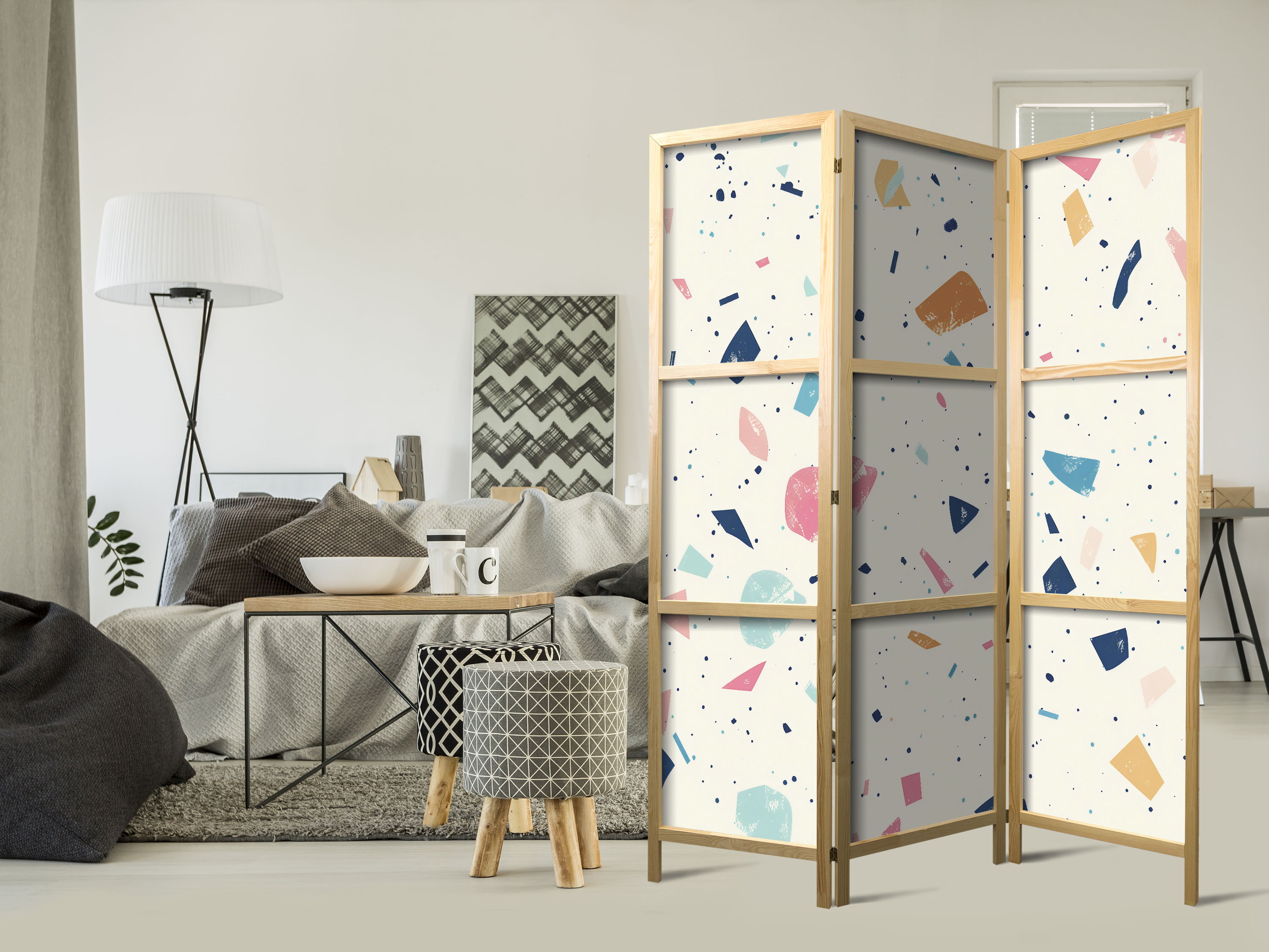 Japanischer Paravent - Terrazzo with Multicolored - Large Elements - Cheerful Pattern on a Light Background.