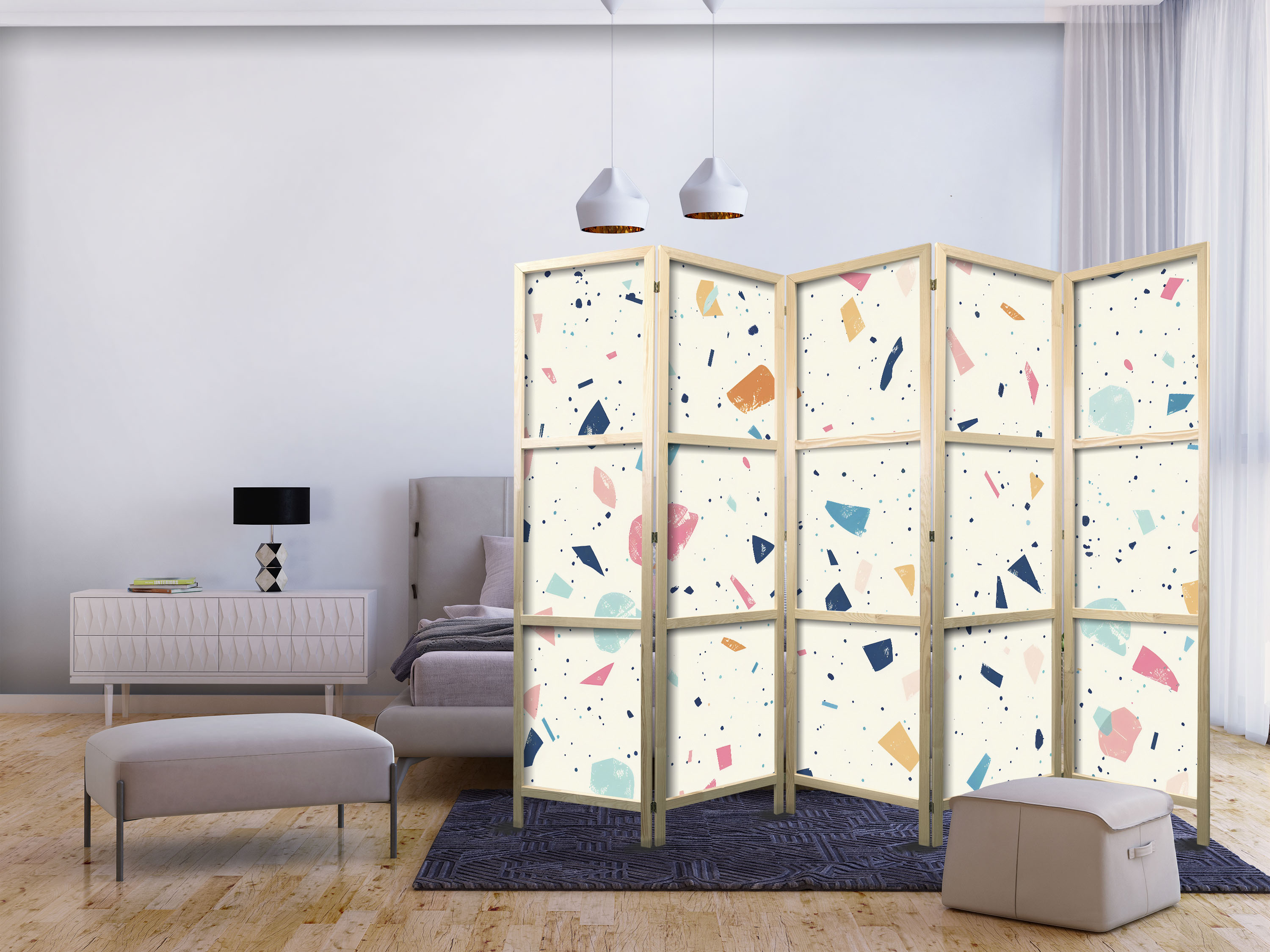 Japanischer Paravent - Terrazzo with Multicolored - Large Elements - Cheerful Pattern on a Light Background.