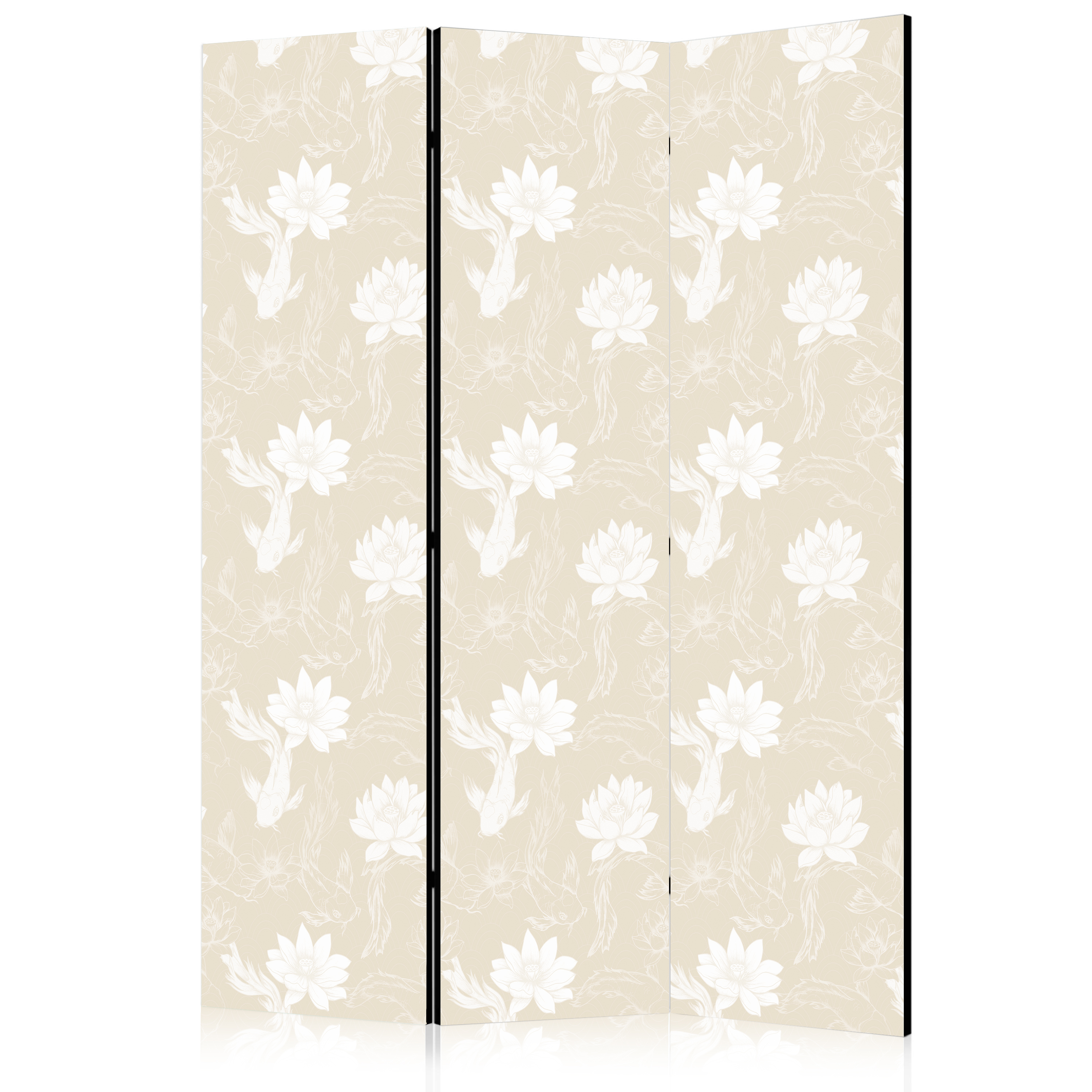 Paravent - Fish and Water Lilies - Bright Oriental Fish Swimming Among Water Flowers on a Delicate Sand-Beige Background
