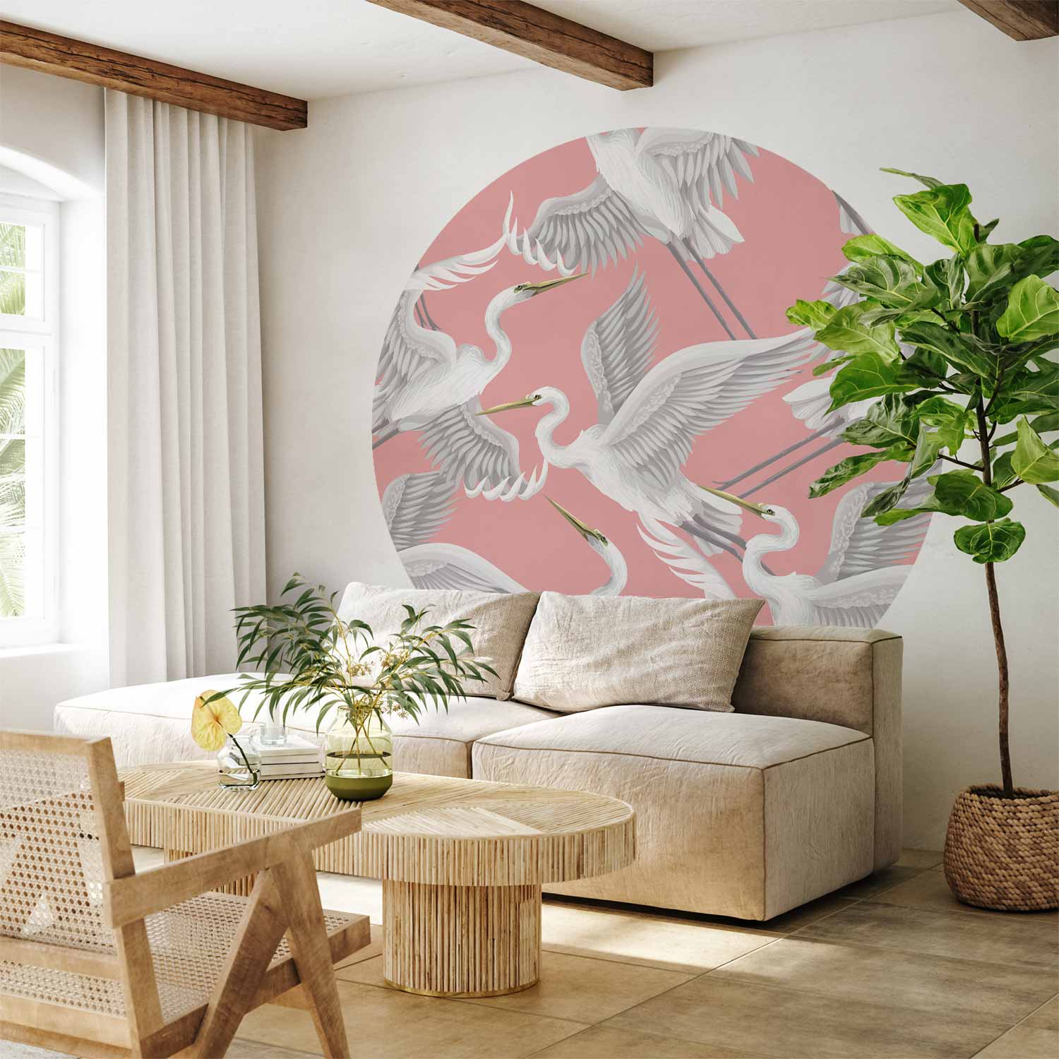 Runde Fototapete - Pastel birds – a delicate pattern of white and grey herons on a light pink background