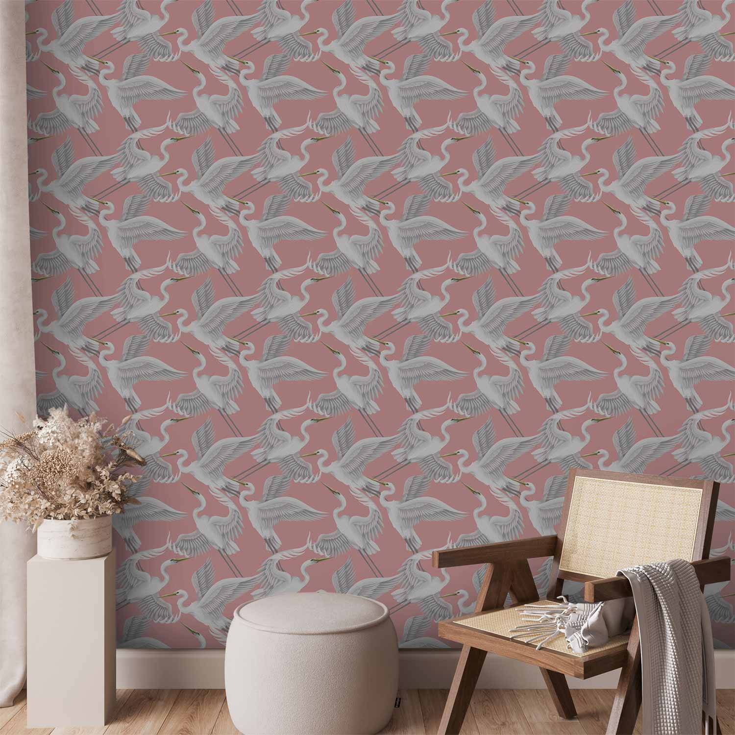 Tapete - Pastel birds – a delicate pattern of white and grey herons on a light pink background