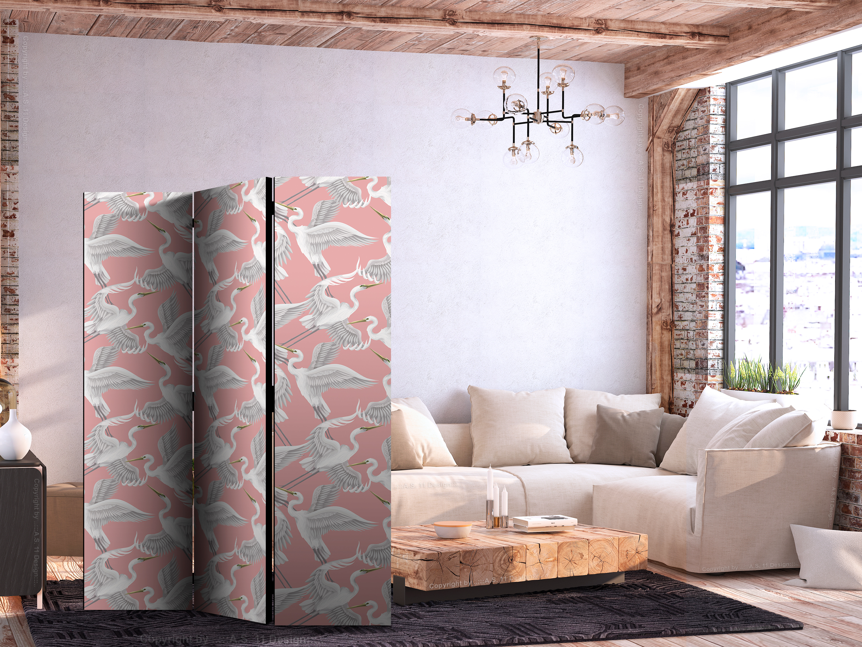 Paravent - Pastel birds - a delicate pattern of white and grey herons on a light pink background