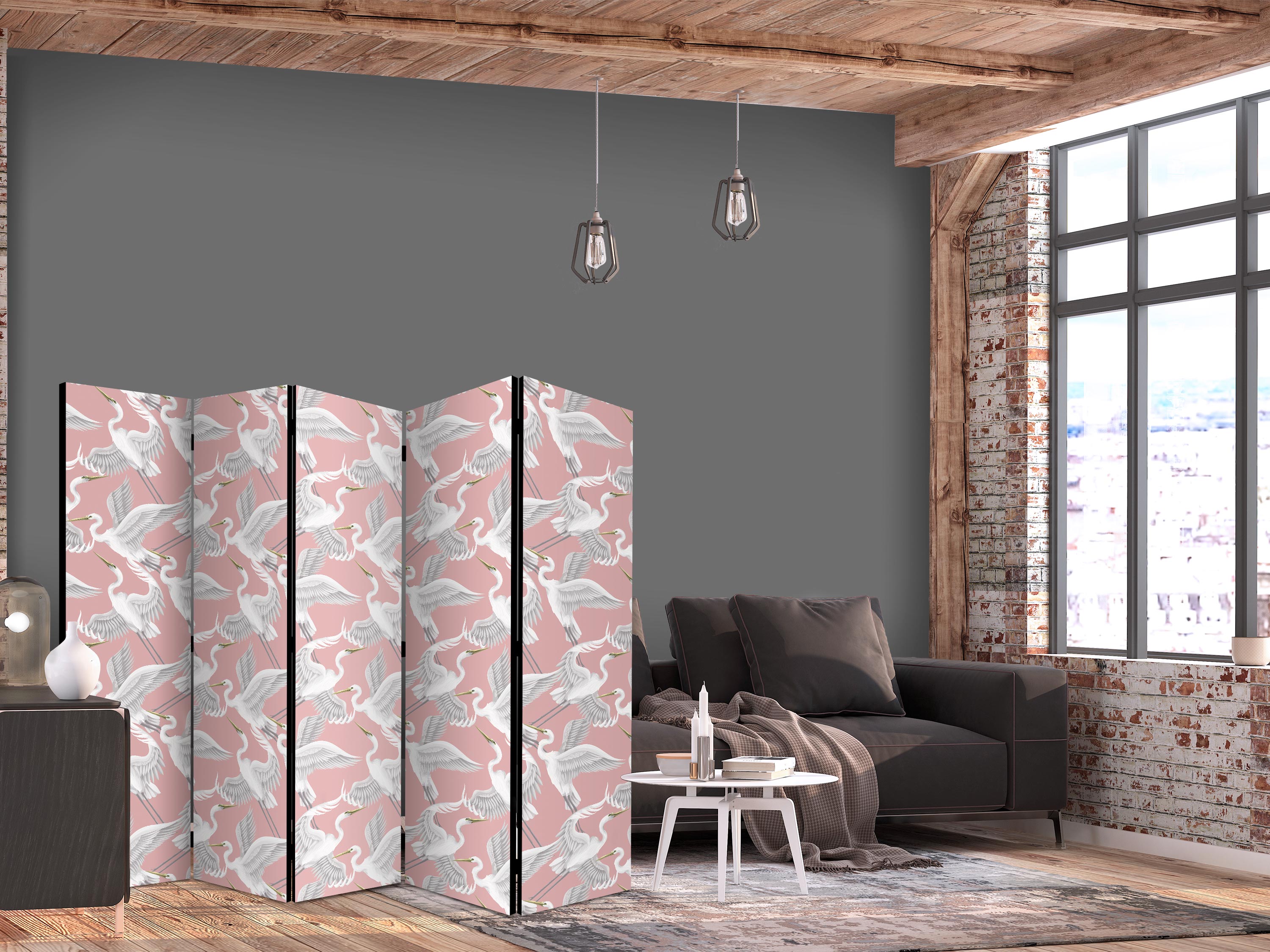 Paravent - Pastel birds - a delicate pattern of white and grey herons on a light pink background