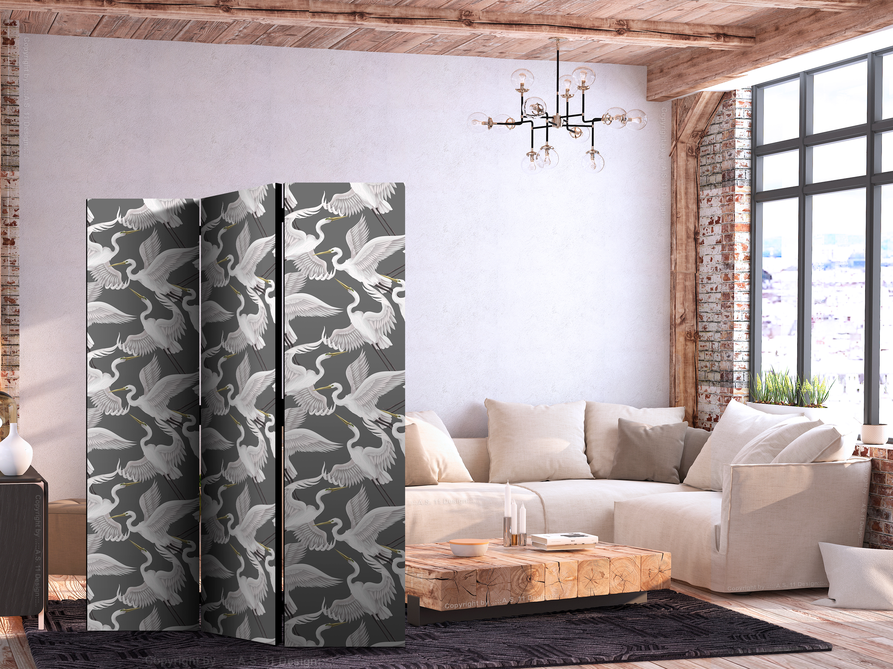 Paravent - Pastel birds - a delicate pattern of white and grey herons on a light pink background