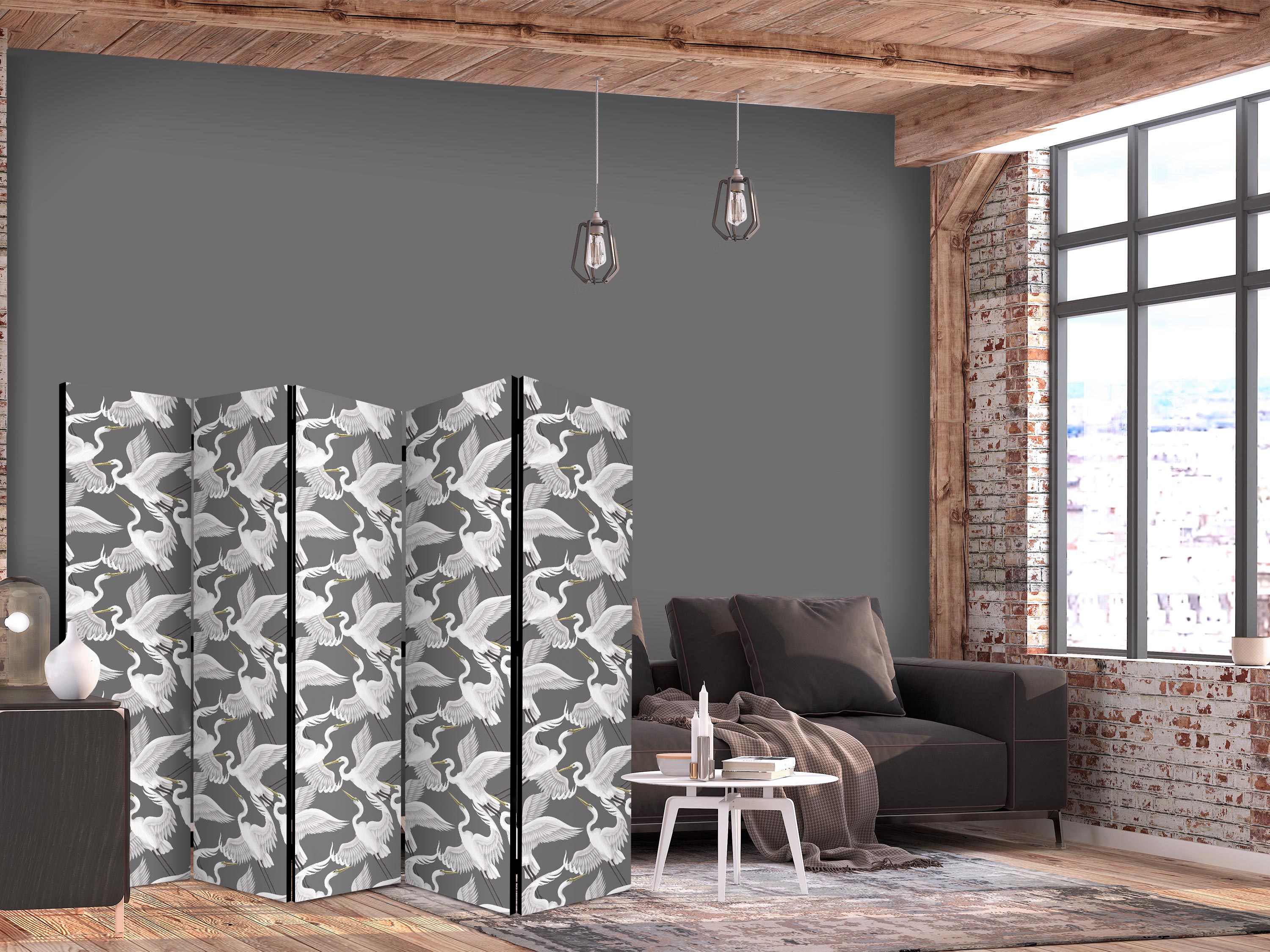 Paravent - Pastel birds - a delicate pattern of white and grey herons on a light pink background
