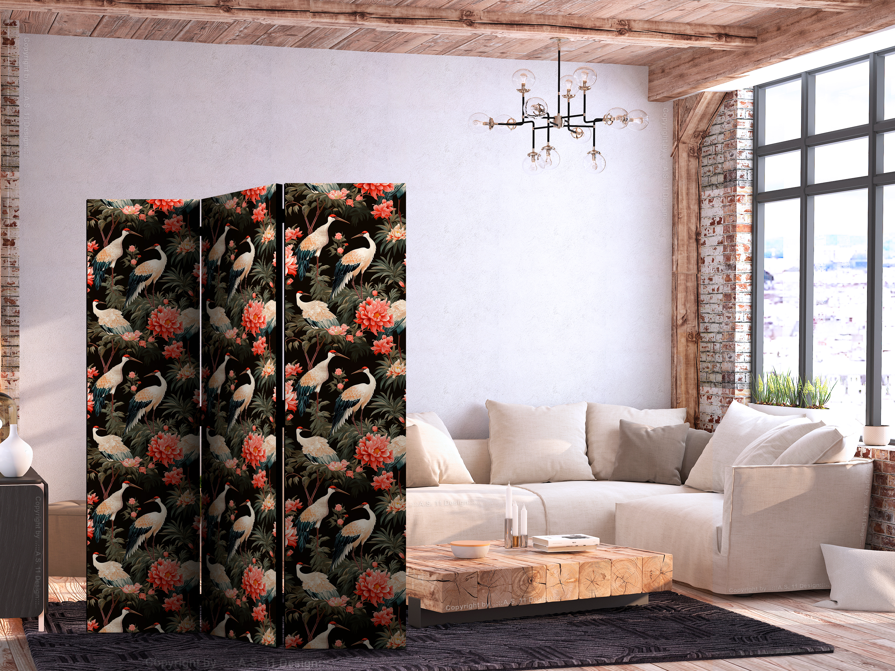 Paravent - Ornament with birds - silhouettes of cranes and peony flowers on a dark background