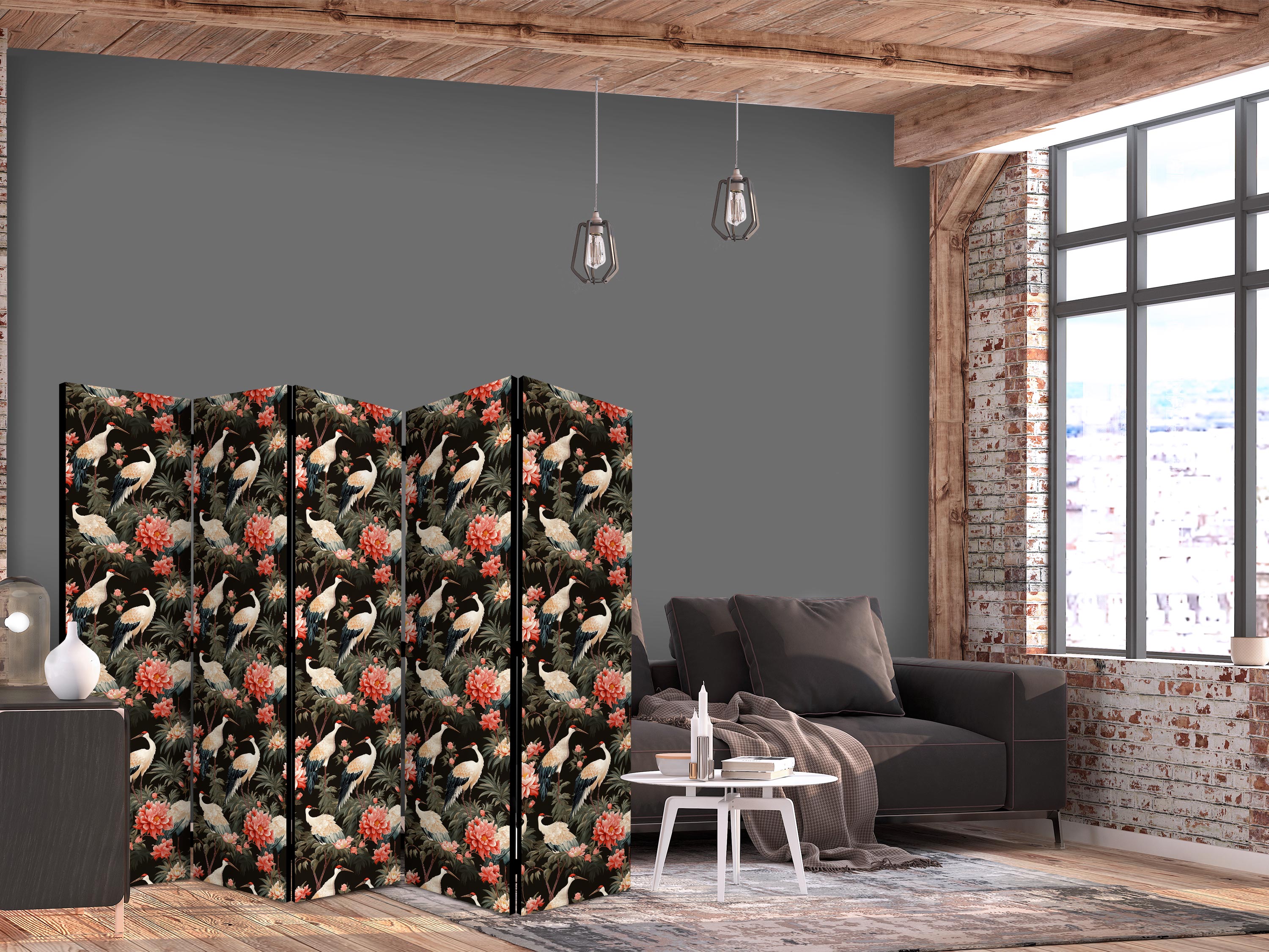 Paravent - Ornament with birds - silhouettes of cranes and peony flowers on a dark background