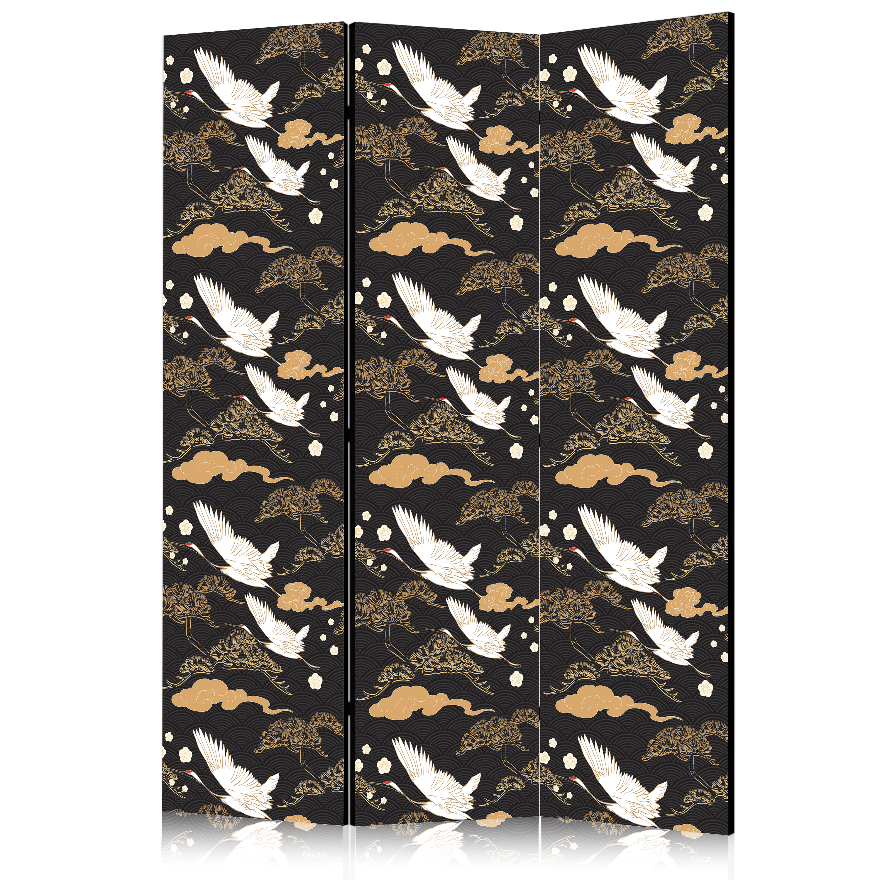 Paravent - Oriental impressions - decorative pattern with a motif of flying cranes on a dark background