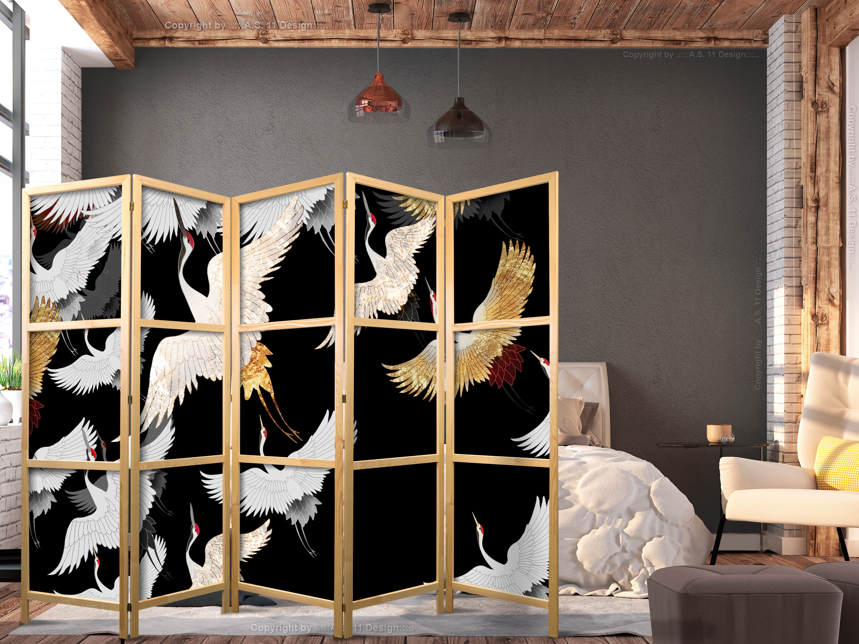 Japanischer Paravent - Cranes at Night - Golden-White Birds Flying Away on a Black Background