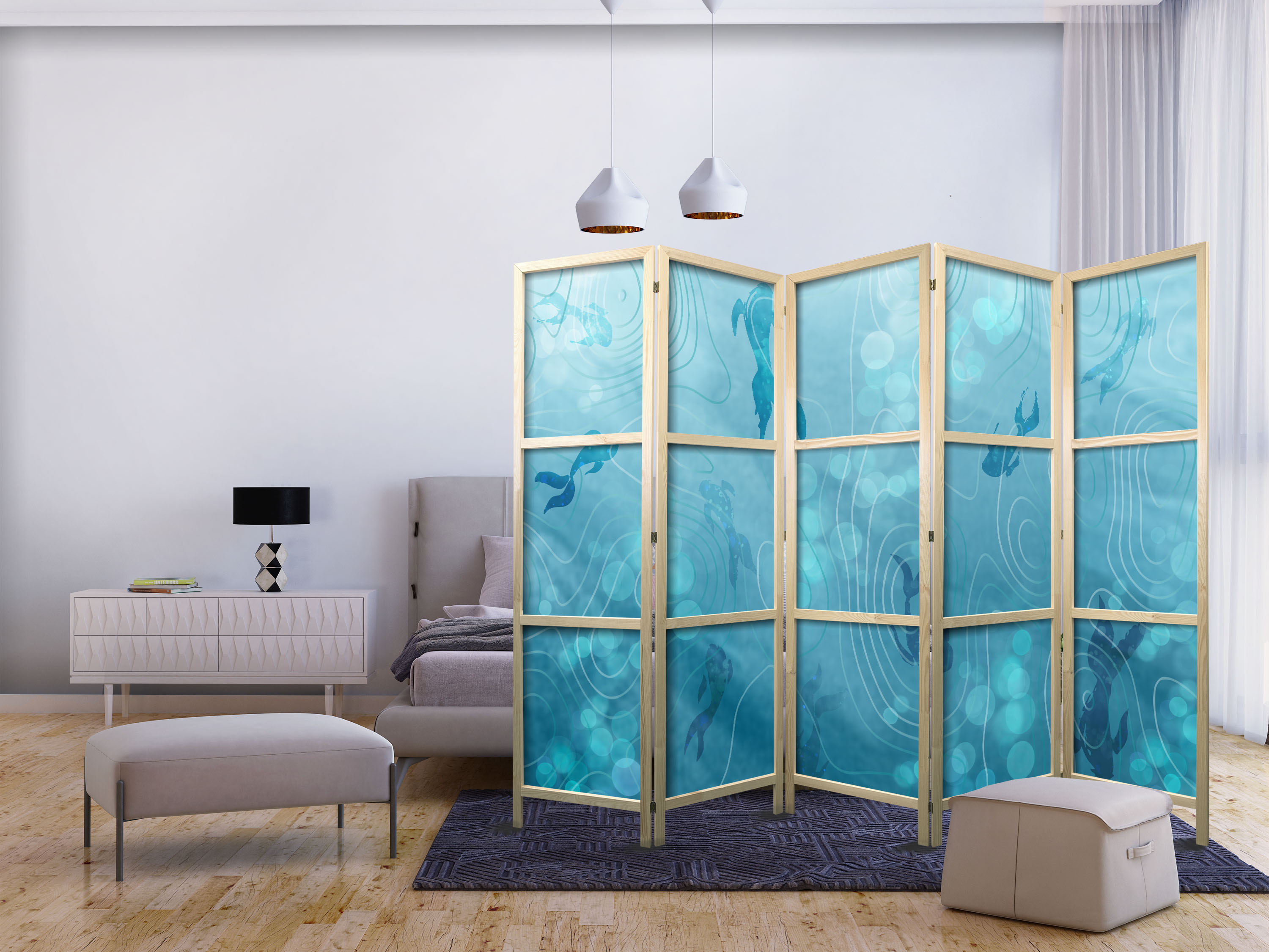 Japanischer Paravent - Koi Fish Under the Water Surface - a Cluster of Japanese Fish in the Depths of the Pond in Shades of Navy and Blue