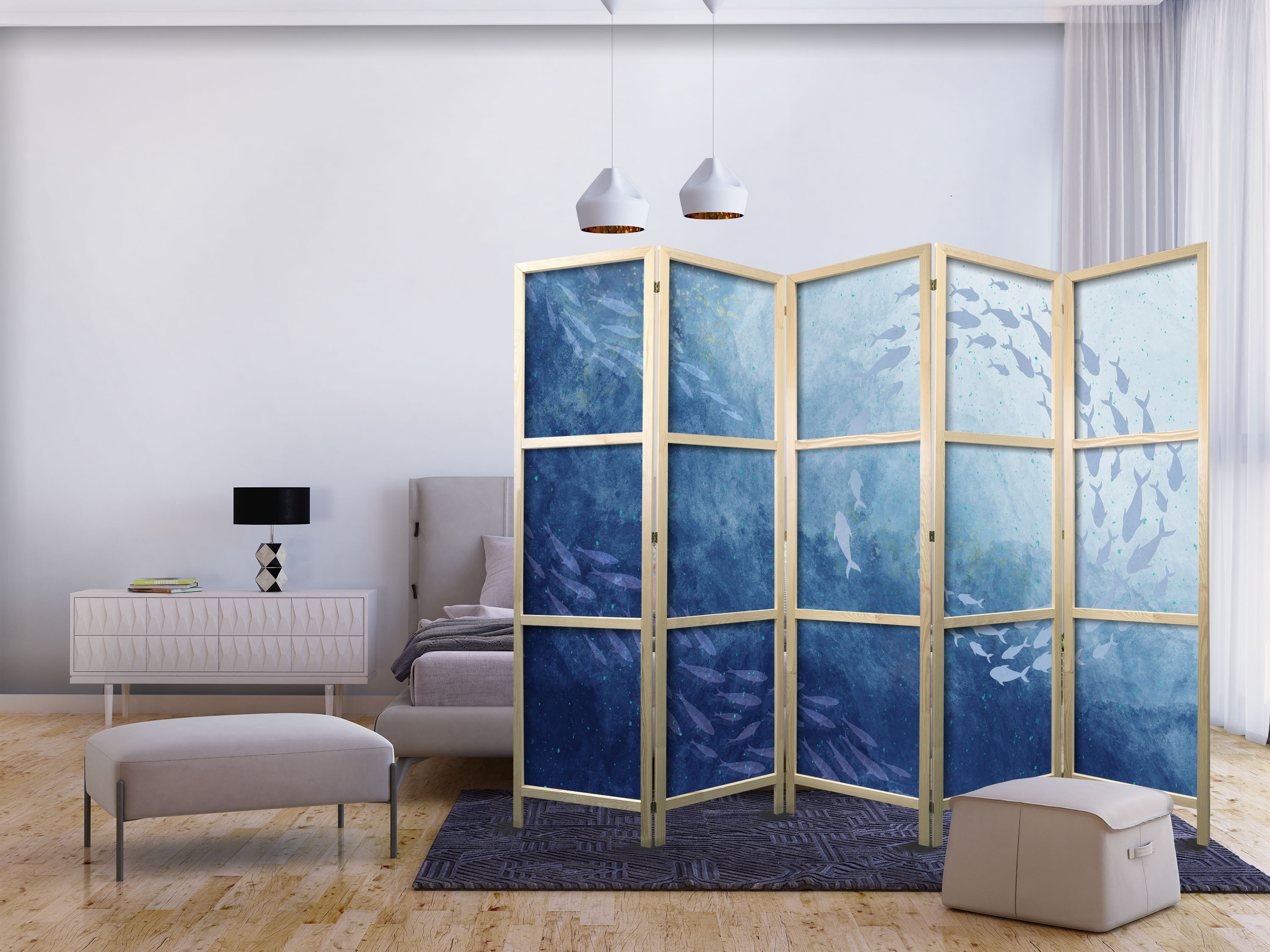 Japanischer Paravent - Schools of Fish - Luminous Clusters of Fish in Blue Among Ocean Depths