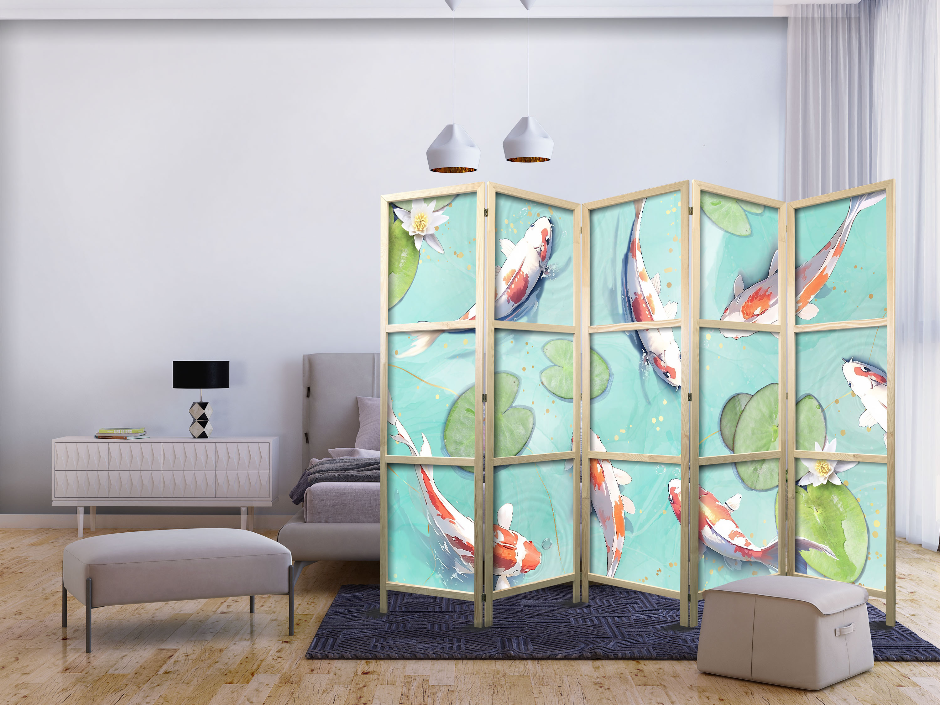 Japanischer Paravent - Spectacular Fish - White-Orange Koi Fish Swimming in Crystal Clear Water with Water Lilies