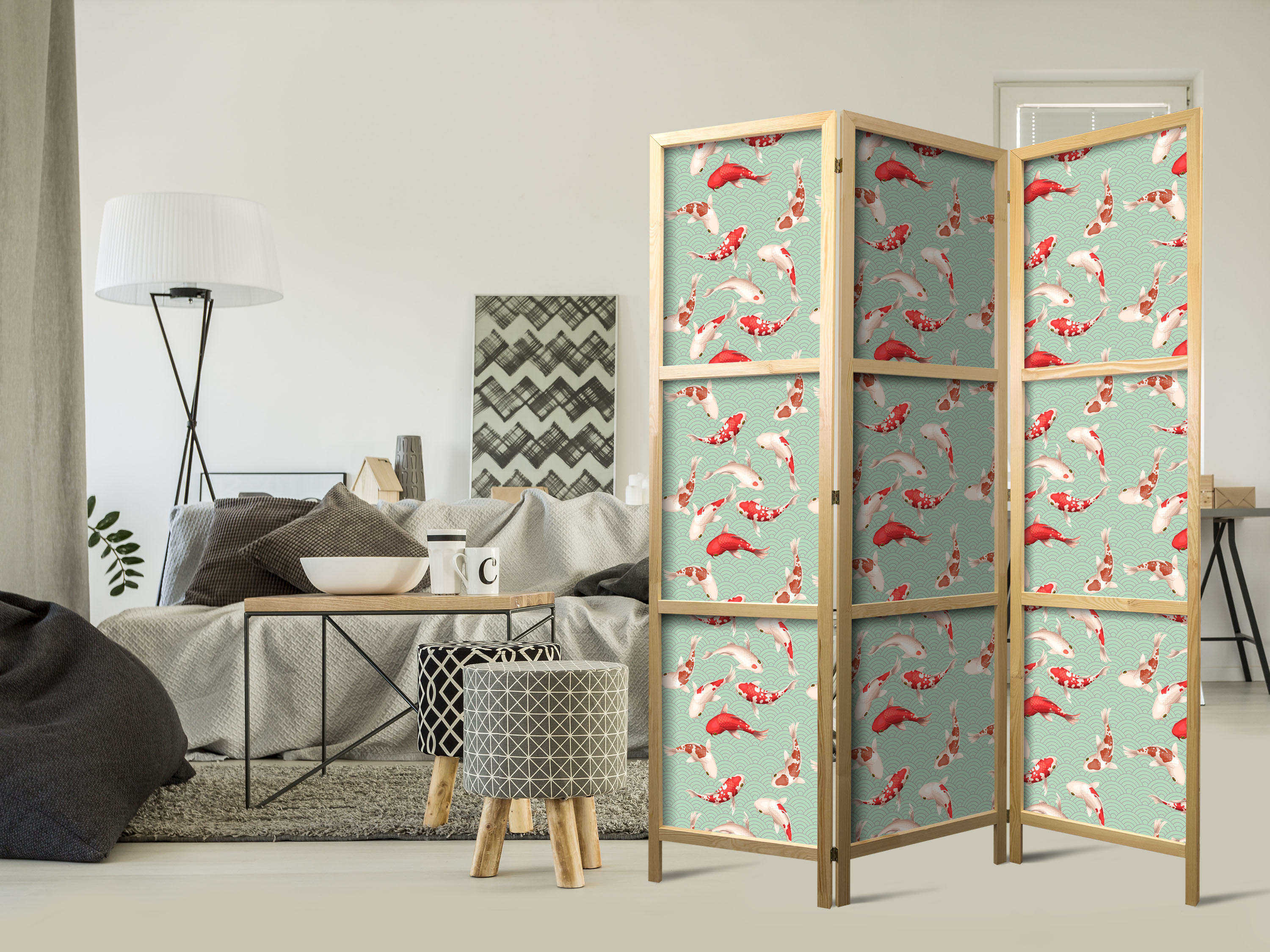 Japanischer Paravent - Fish and Japanese Pattern - Koi Fish in Orange-Cream Colors on a Green-Mint Background with an Oriental Pattern