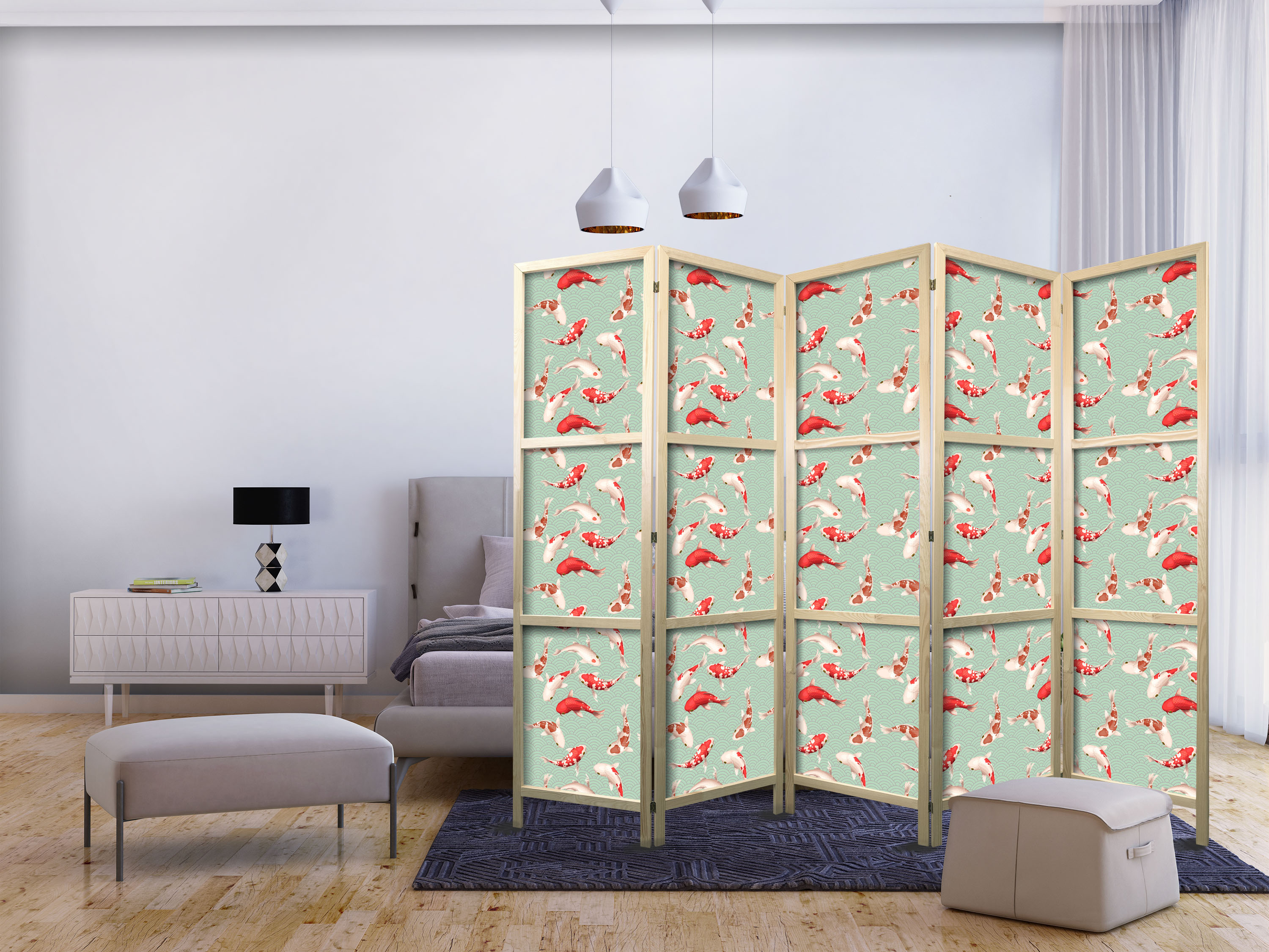 Japanischer Paravent - Fish and Japanese Pattern - Koi Fish in Orange-Cream Colors on a Green-Mint Background with an Oriental Pattern