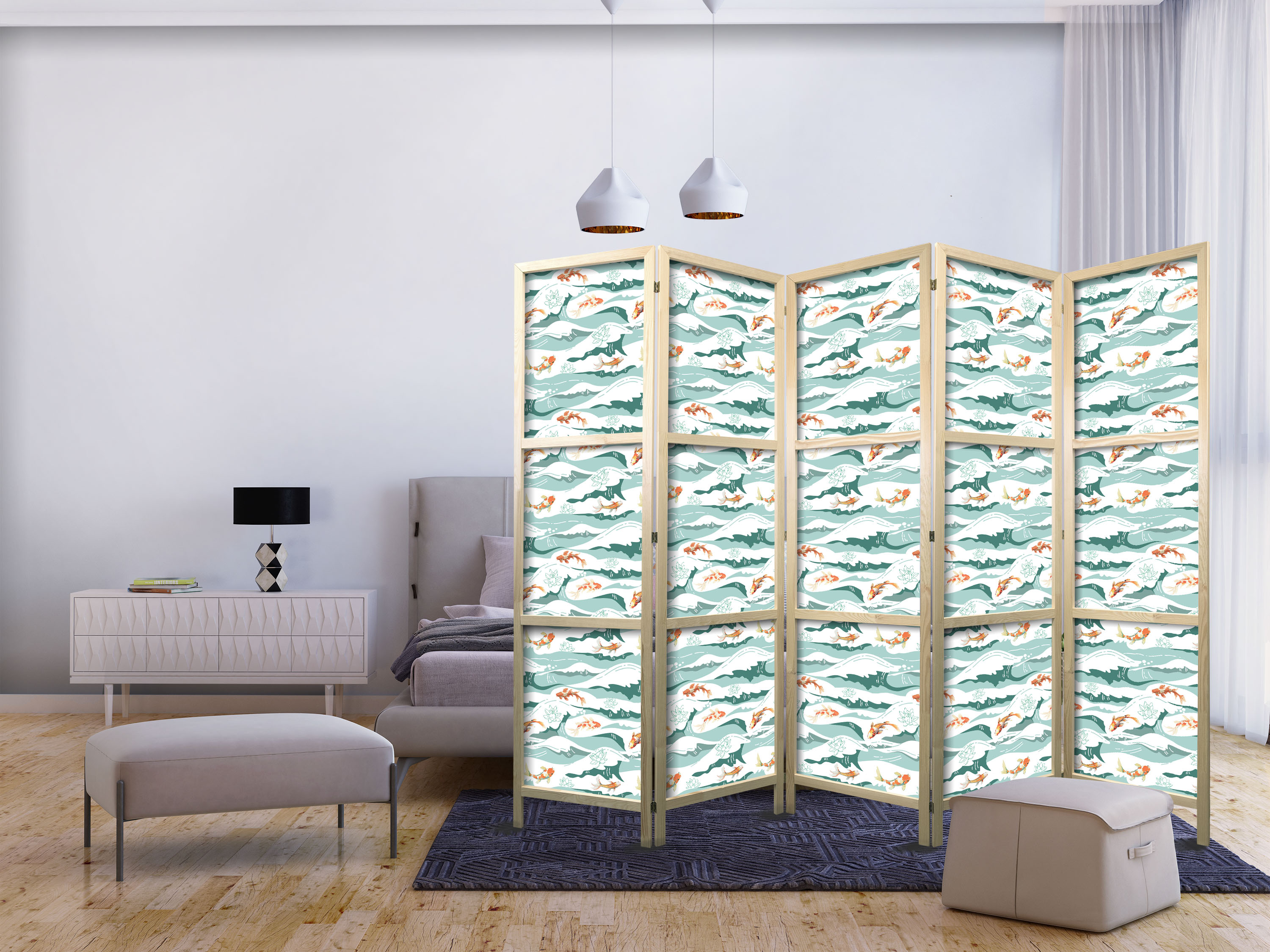 Japanischer Paravent - Fish Jumping Over Waves - Oriental Fish and Water Lilies Among High Waves in Shades of Sea Green