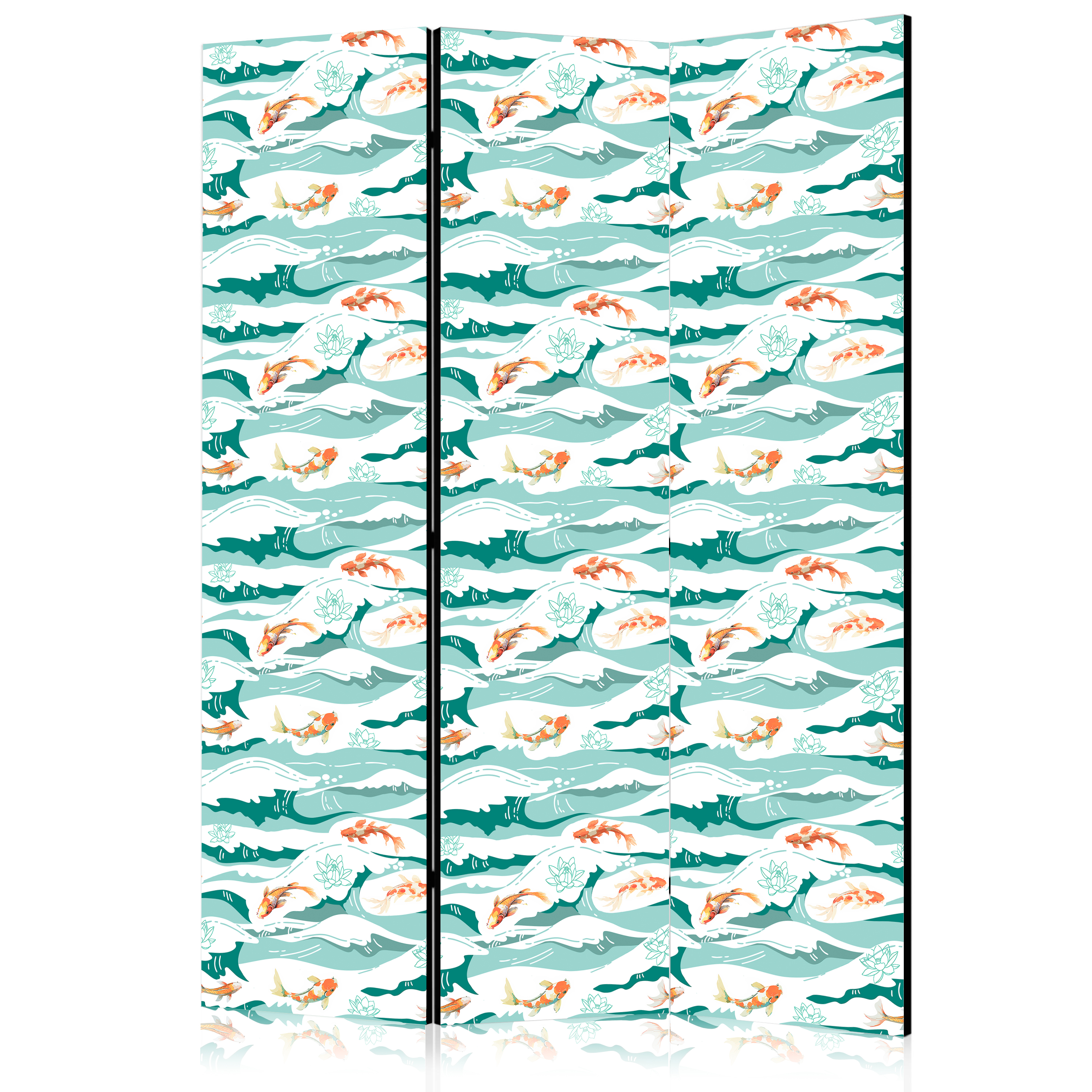 Paravent - Fish Leaping Above the Waves - Oriental Fish and Water Lilies Among High Waves in Sea Green Colors
