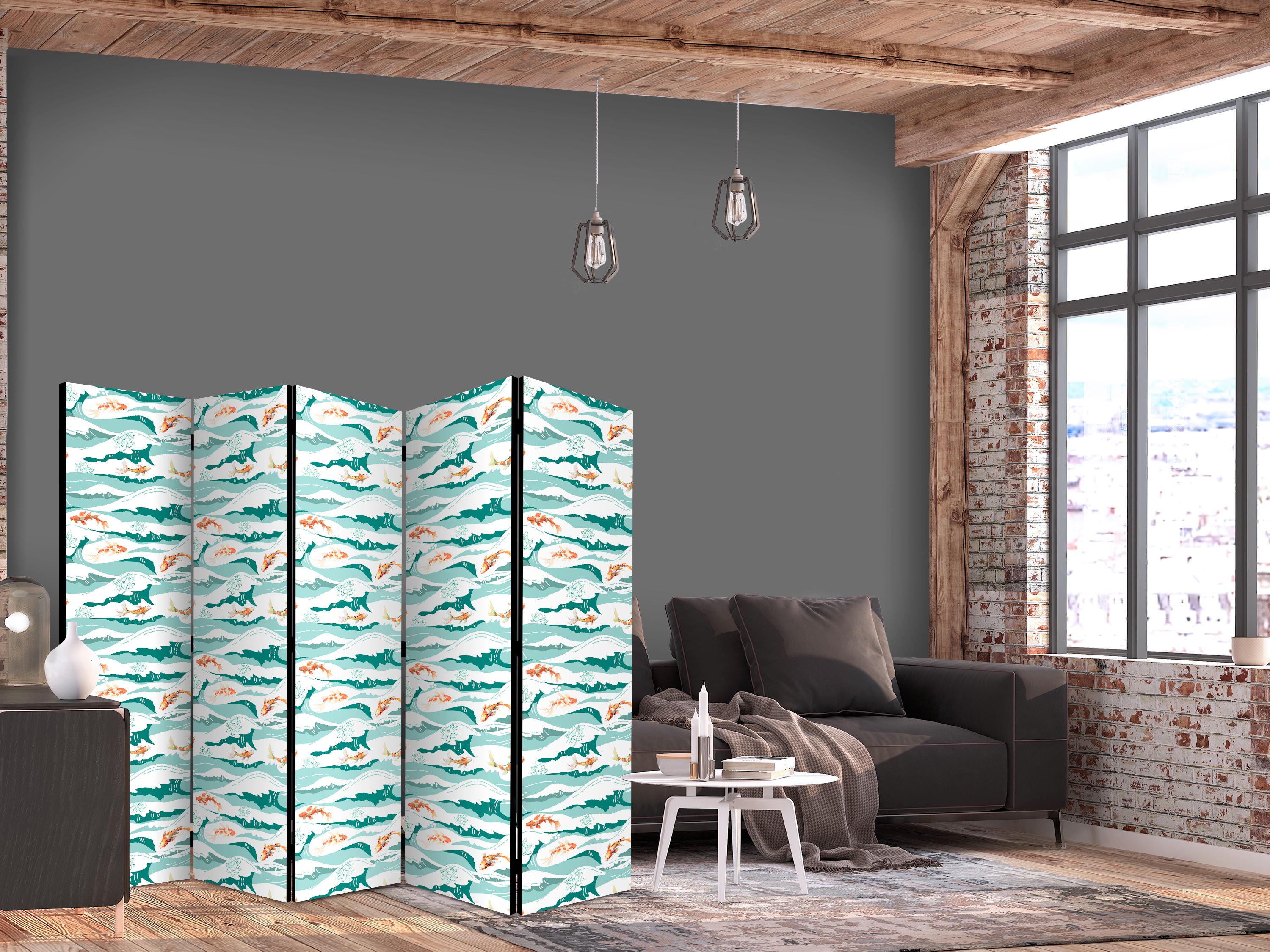 Paravent - Fish Jumping Above The Waves - Oriental Fish And Water Lilies Among High Waves in Shades of Sea Green