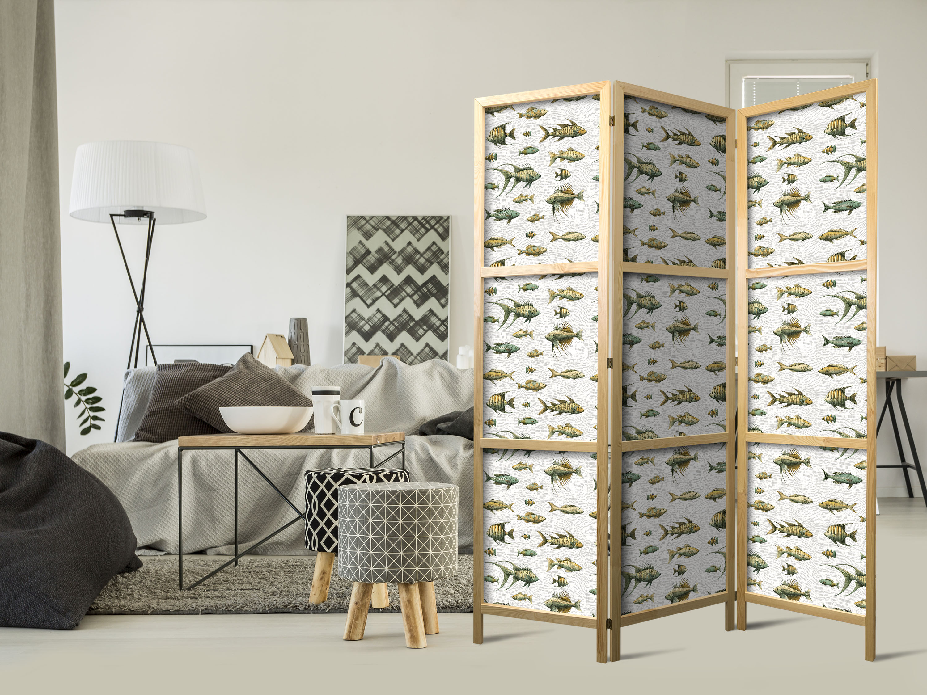 Japanischer Paravent - Fish in Beige Tones - Various Species of Fish in Beige-Brown Colors Presented in Vintage Style on a Light Background