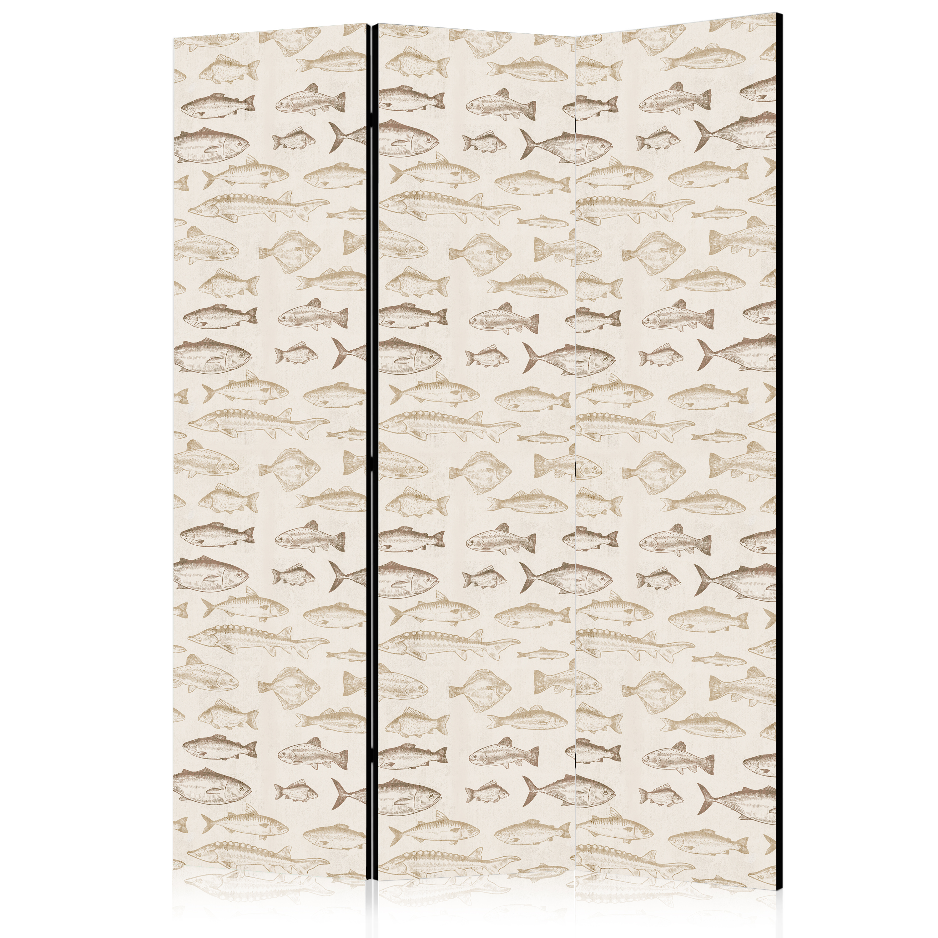 Paravent - Fish in Beige Tones - Various Species of Fish in Beige-Brown Colors Presented in Vintage Style on a Light Background