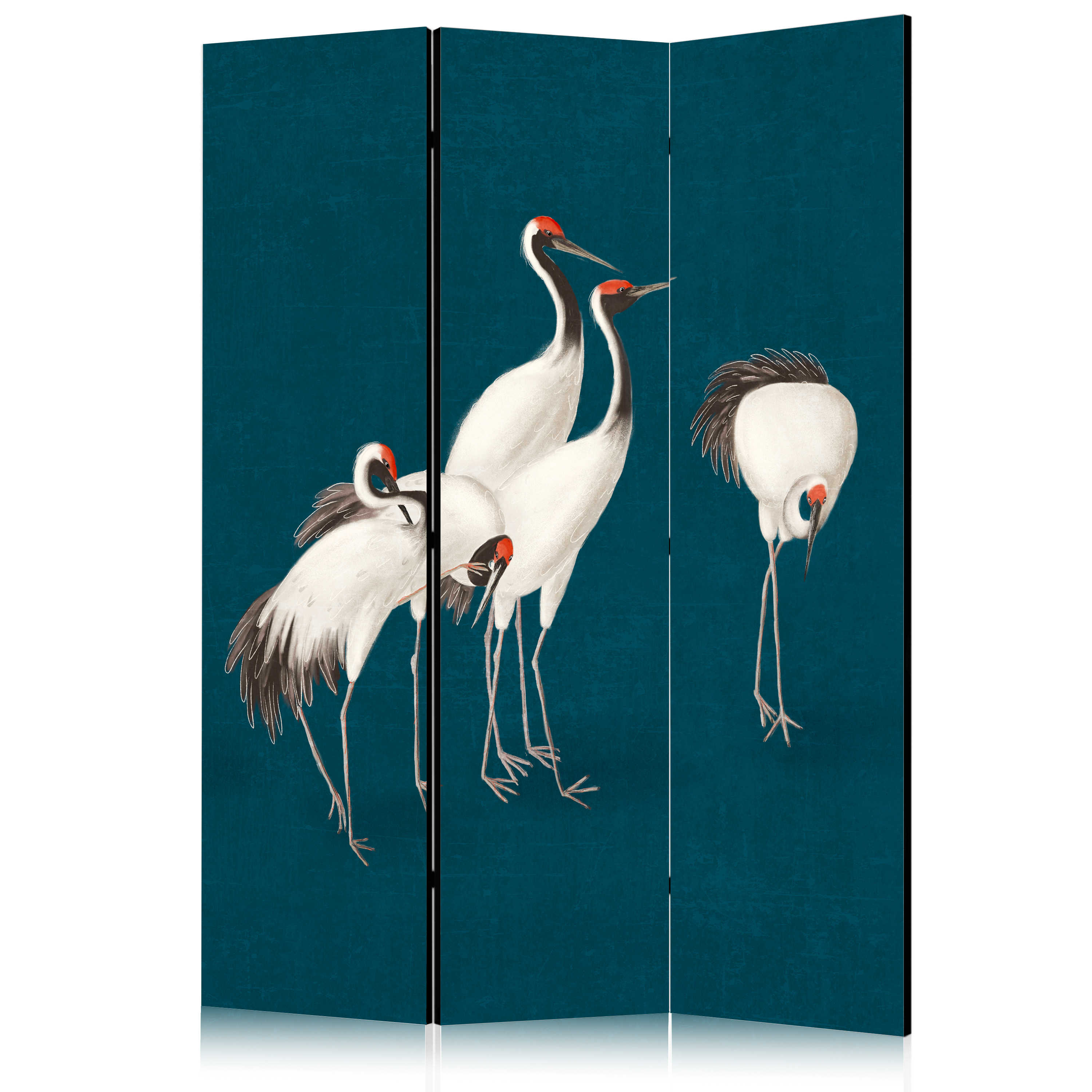 Paravent - Evening by the pond - a group of cranes drawn with dry pastels on a dark turquoise background