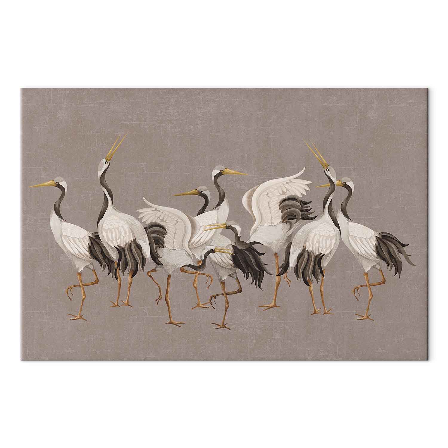 Leinwandbild - Crane dance – bright silhouettes of birds against a warm grey background with texture