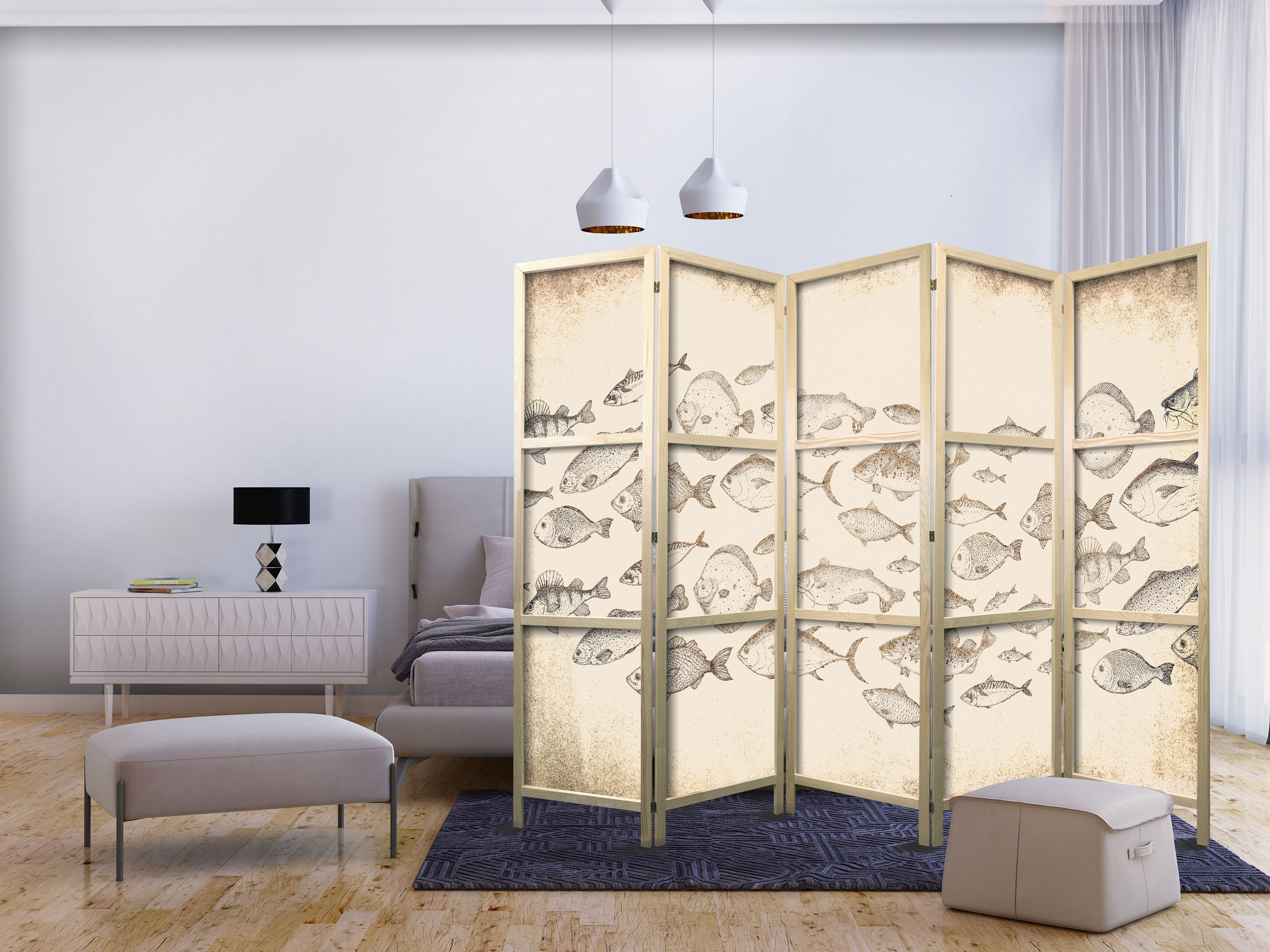 Japanischer Paravent - Sketch of a School of Fish - Sketches of Various Species of Fish Swimming in a School on a Beige Background in Vintage Style