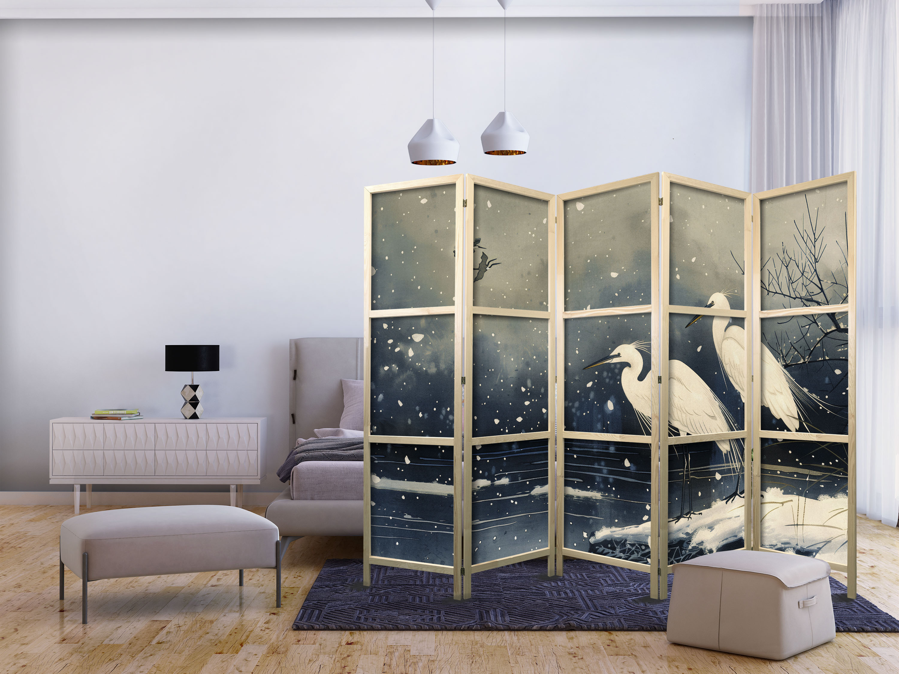 Japanischer Paravent - Herons over a winter pond - Japanese-style illustration in dark colours