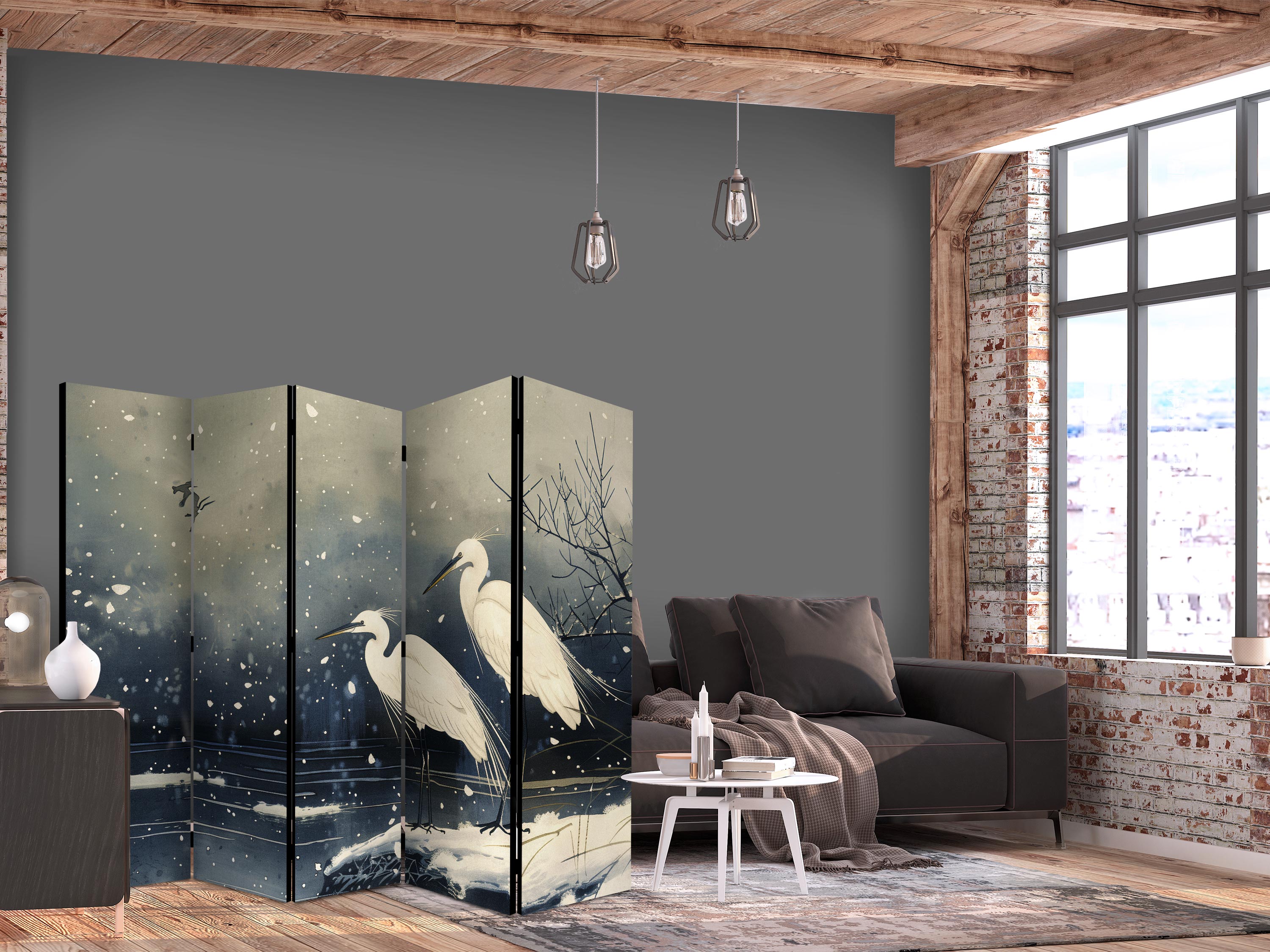 Paravent - Herons over a winter pond - Japanese-style illustration in dark colours