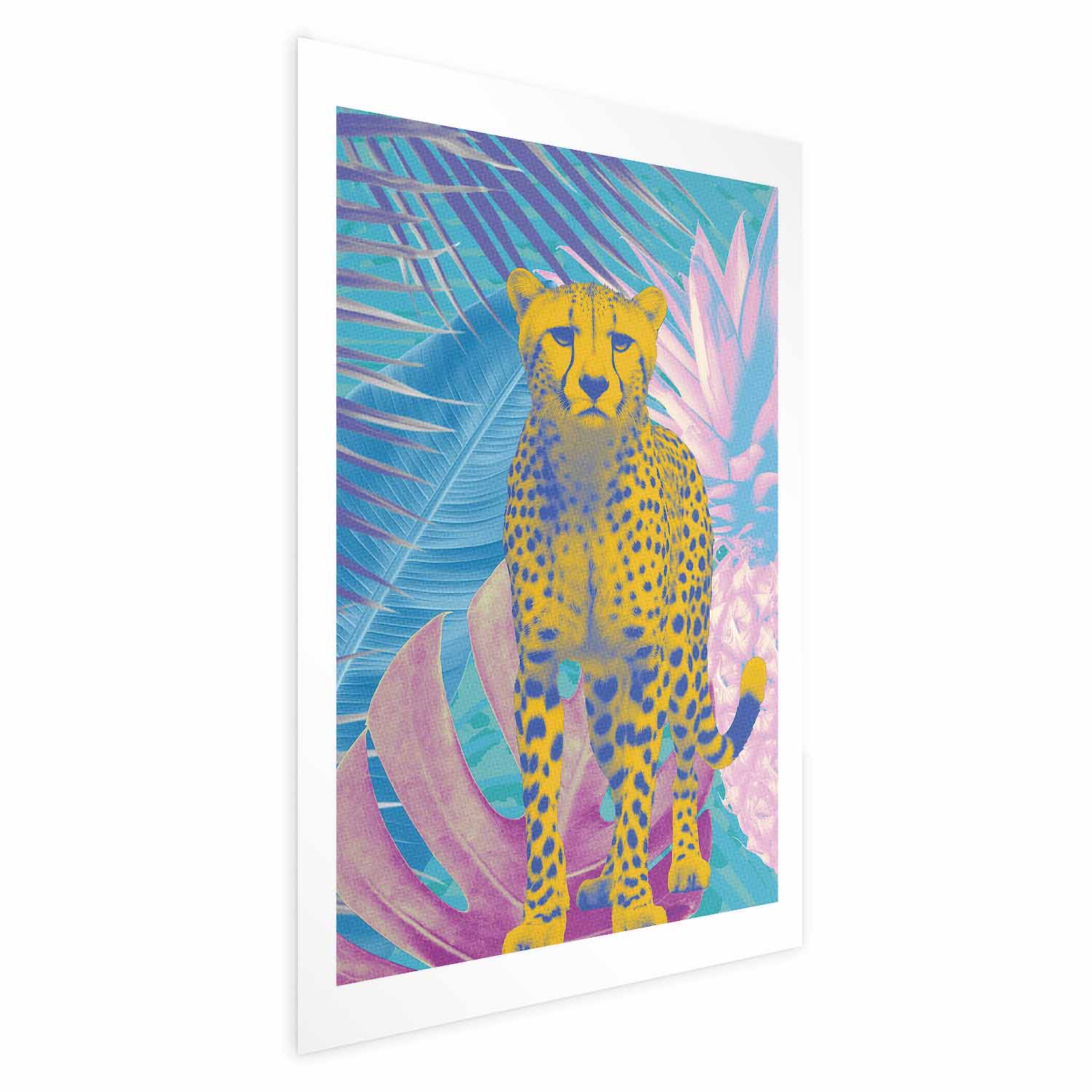 Poster - Exotic Leopard - colorful portrait of a cheetah against tropical leaves