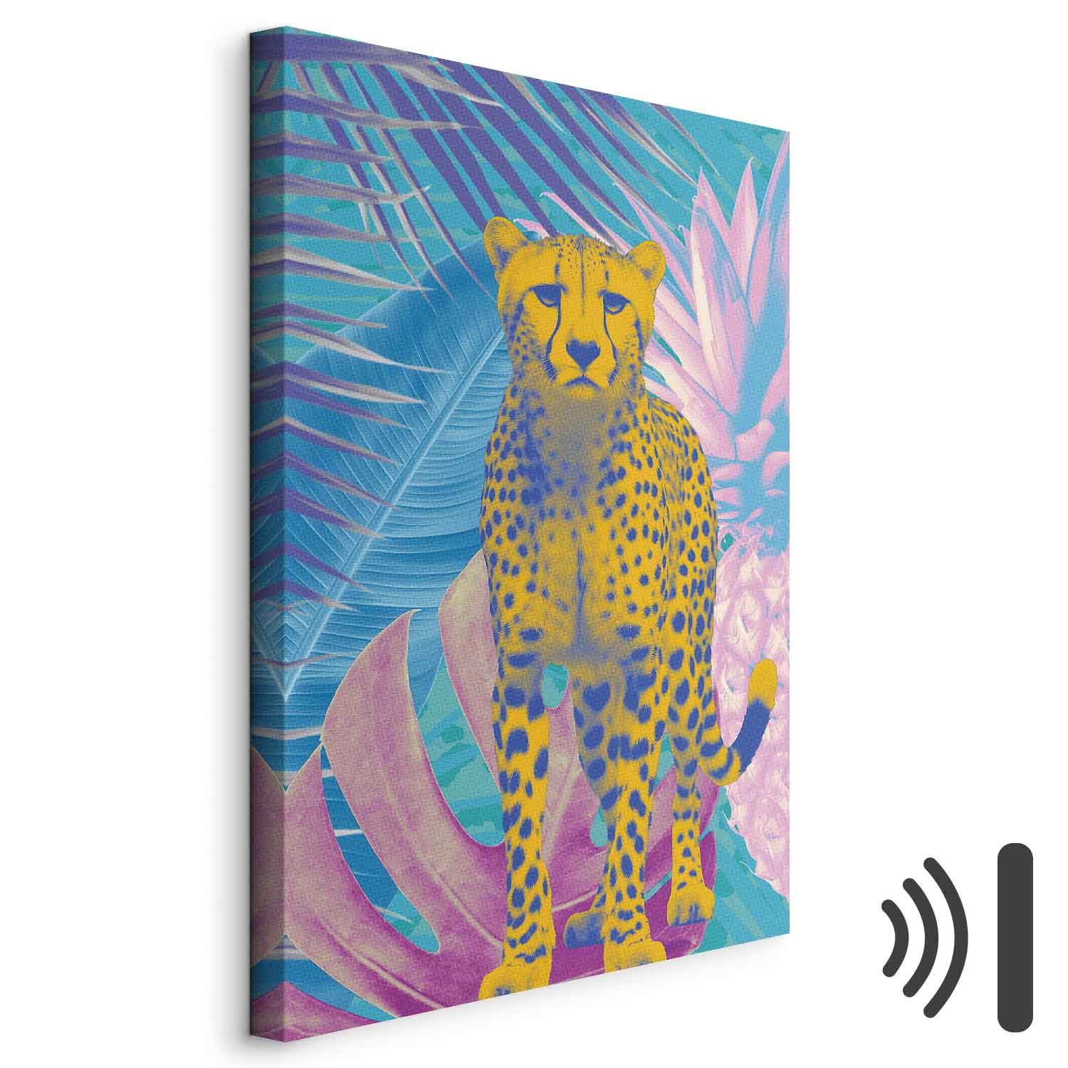 Leinwandbild - Exotic Leopard - Colorful Portrait of a Cheetah Against Tropical Leaves