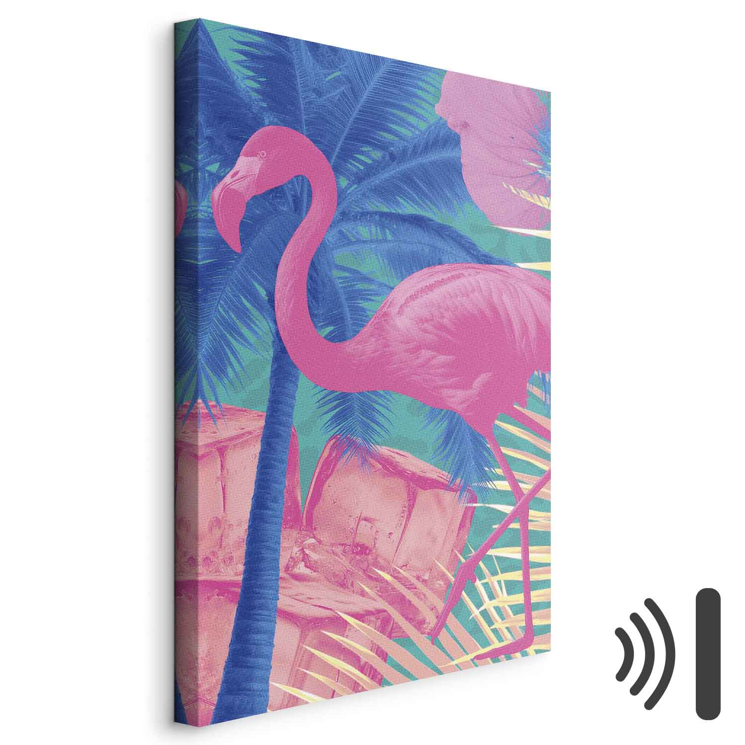 Leinwandbild - Pink Flamingo - Abstract Flamingo Against Palms and Ice Cubes