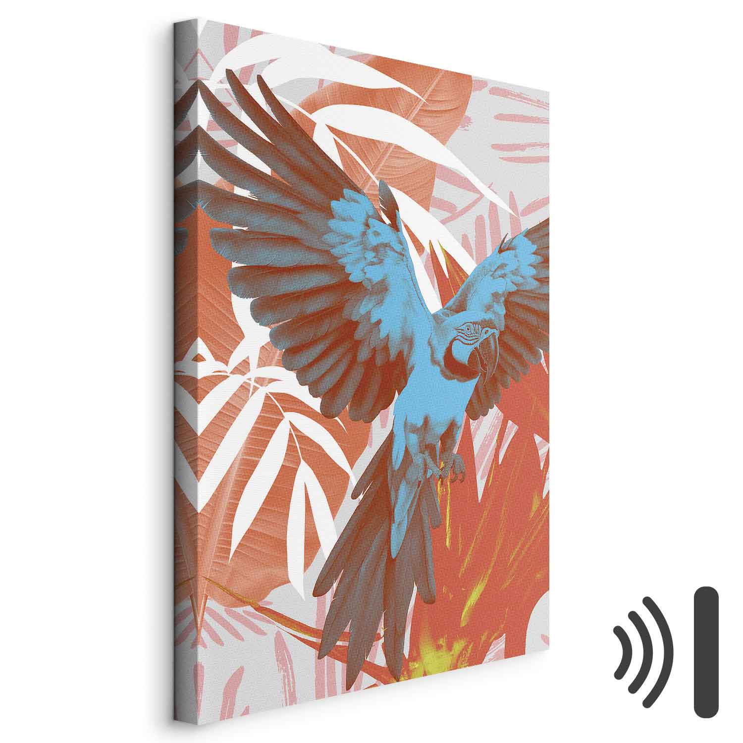 Leinwandbild - Exotic Wings - Parrot Among Abstract Leaf Patterns