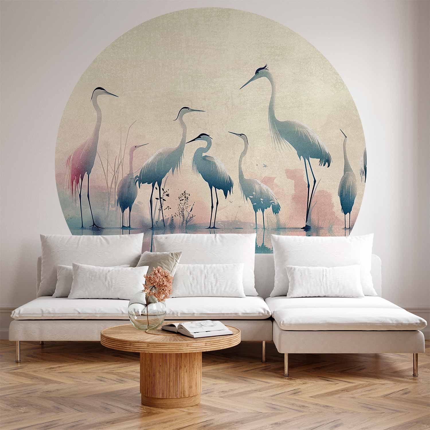 Runde Fototapete - Birds by the lake - herons painted in watercolours in delicate grey and pink colours
