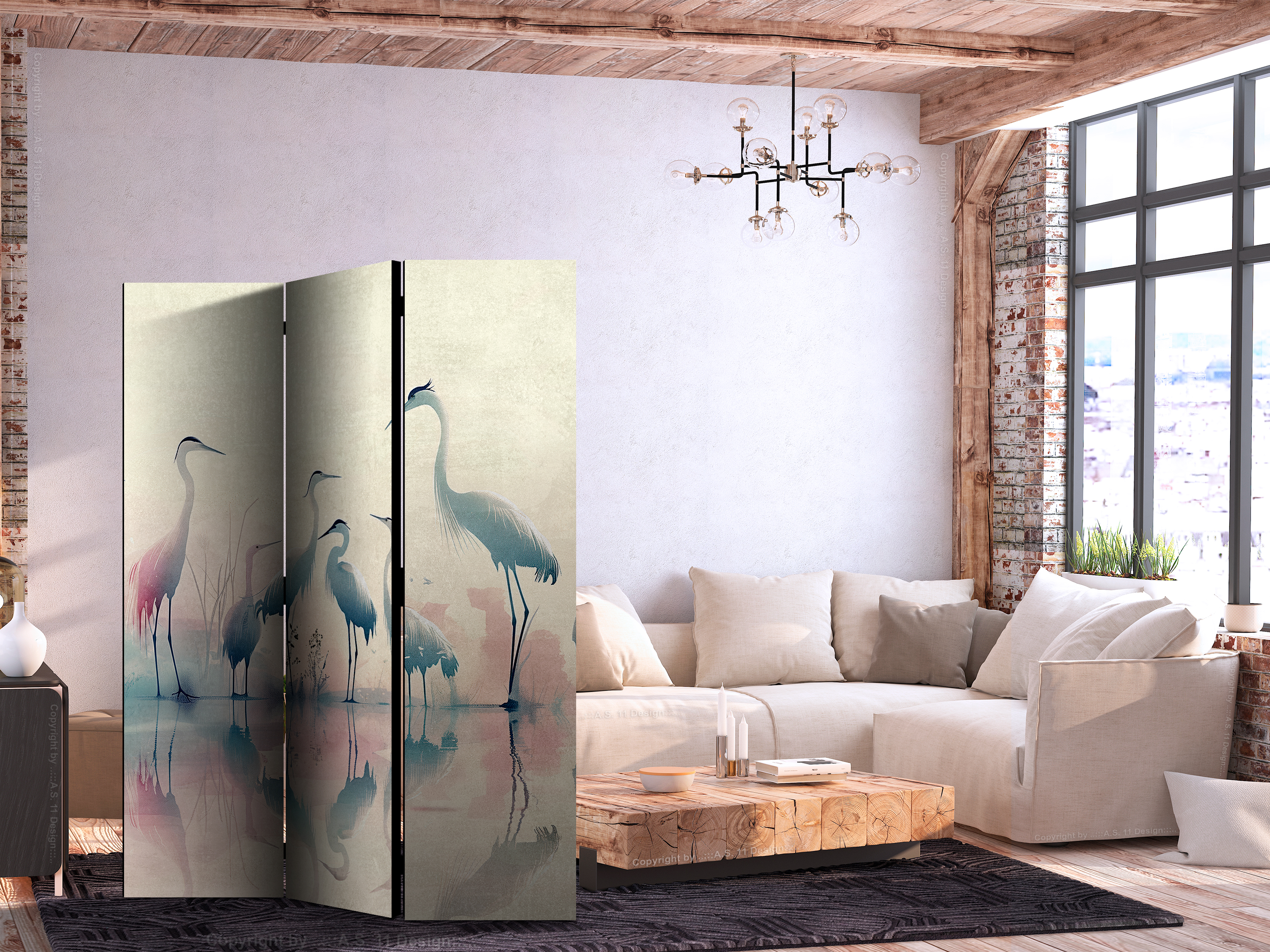 Paravent - Birds by the lake – herons painted in watercolours in delicate grey and pink colours