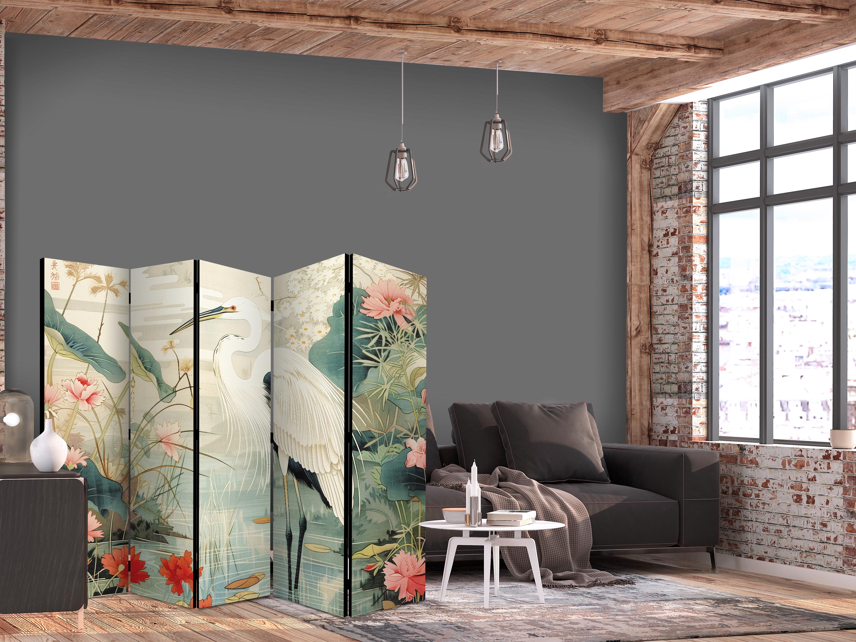 Paravent - By an Asian pond - an illustration in the style of a Japanese engraving, depicting a heron
