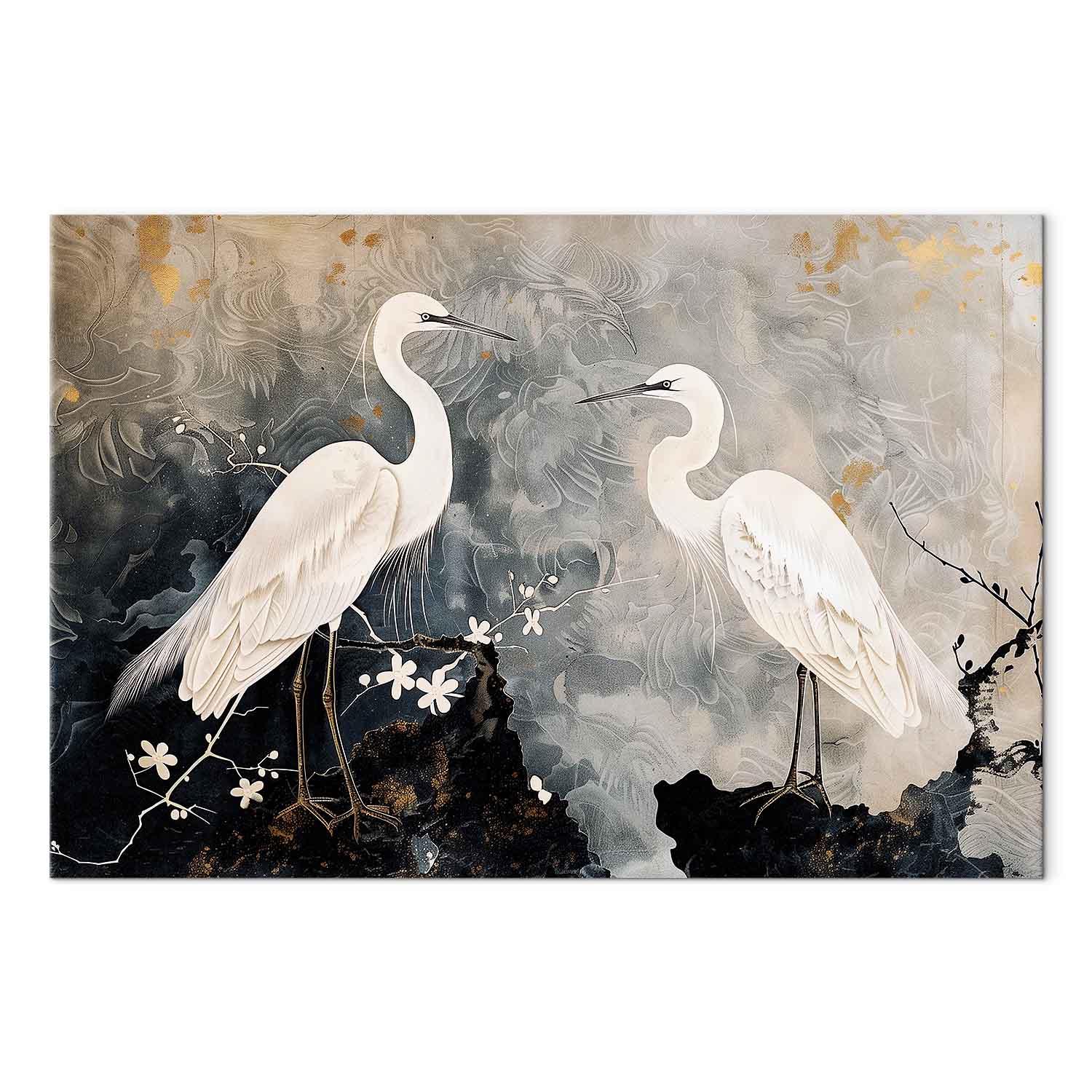 Leinwandbild - Herons and cherry blossoms - oriental-style illustration depicting birds